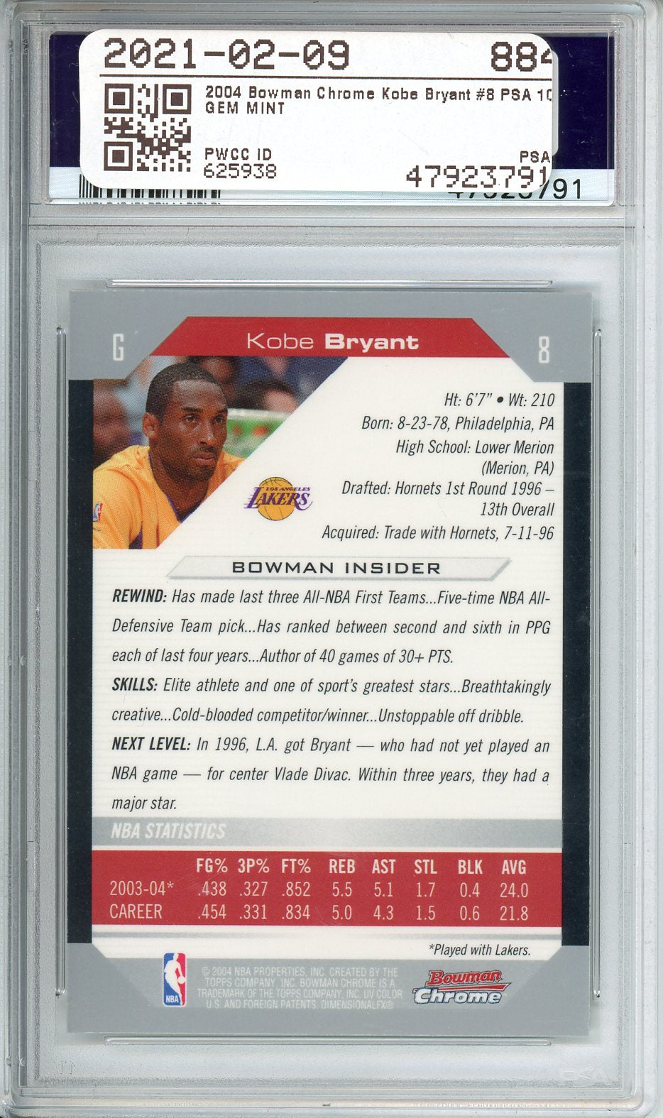 2004 Bowman DP & Pros Kobe Bryant Chrome #8 PSA 10