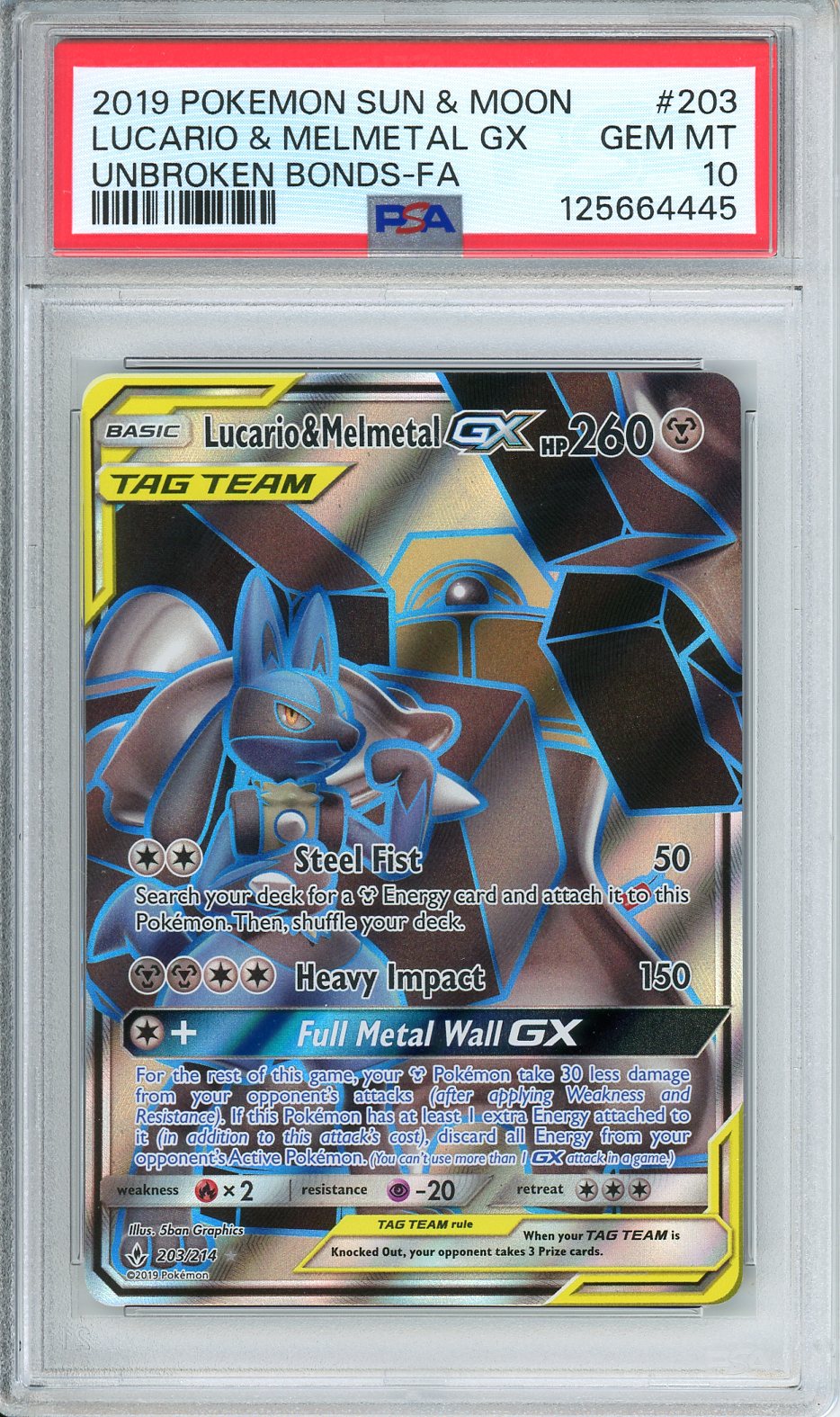 Lucario &amp; Melmetal GX Full Art (Unbroken Bonds 203/214) GEM MINT PSA 10