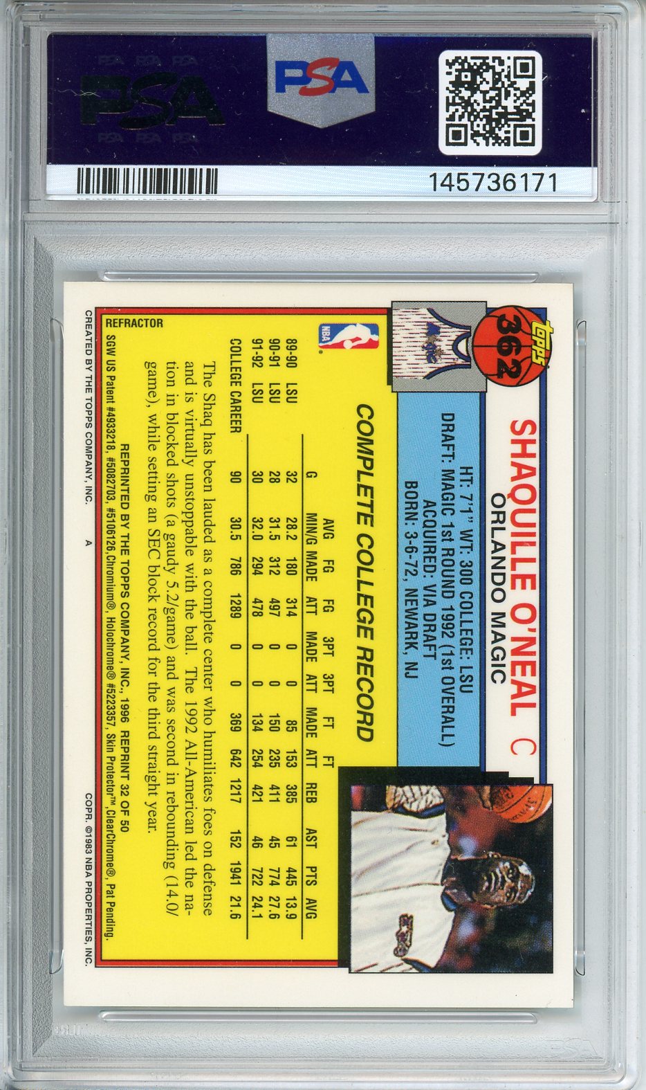 1996 Topps Finest Reprint Shaquille O'neal Refractor W/Coating #32 PSA 8