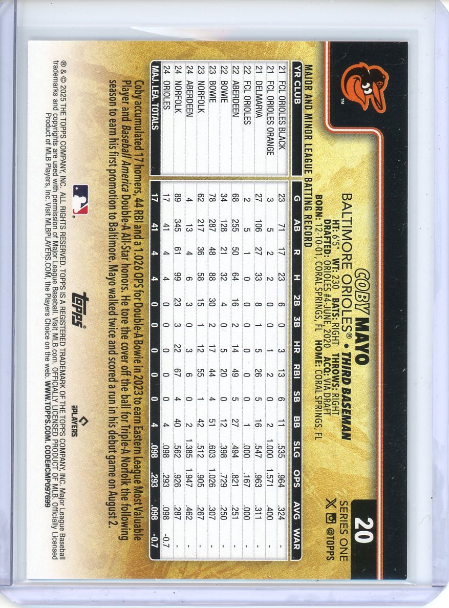 2025 Topps Coby Mayo Golden Mirror SSP #20 Orioles RC