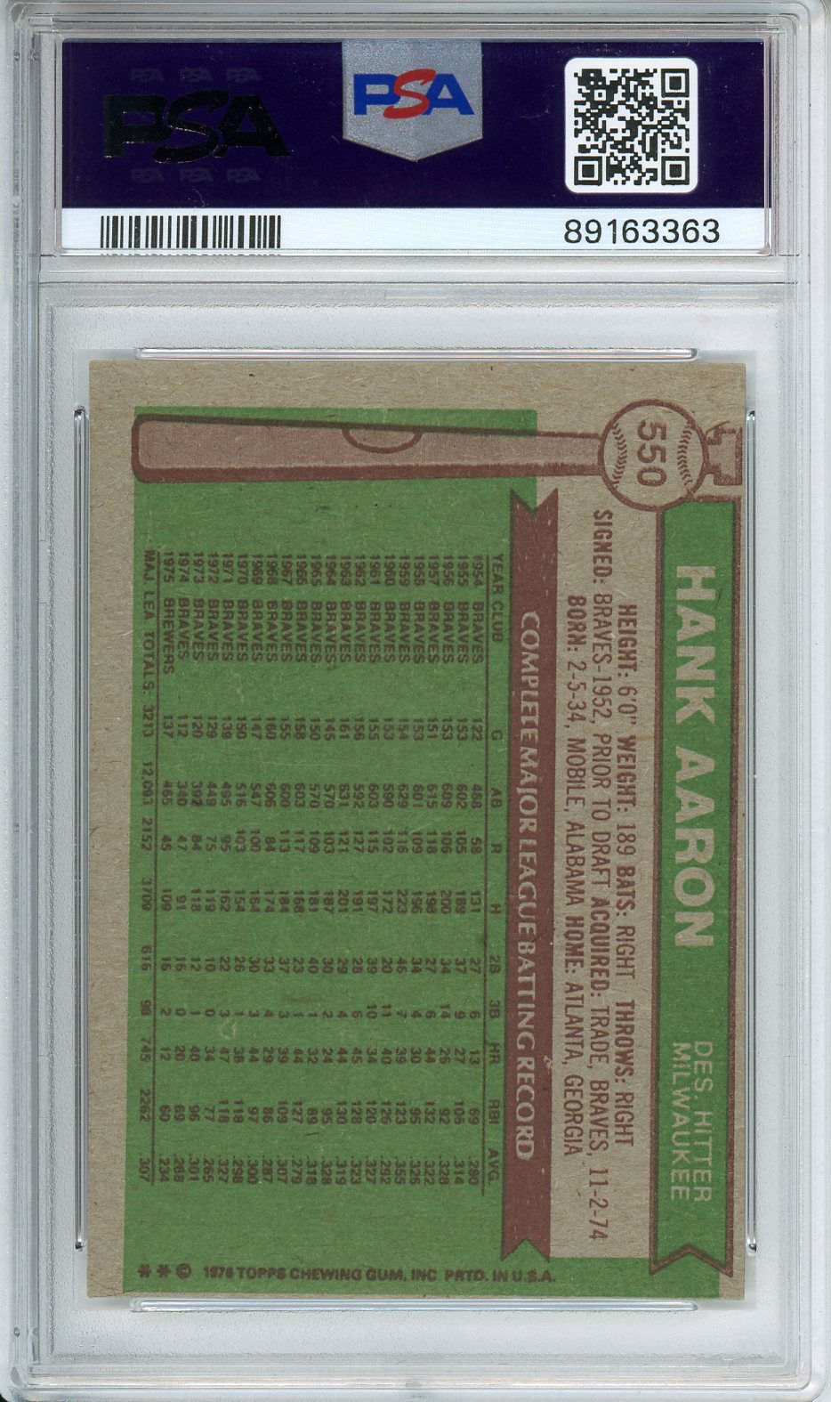 1976 Topps Hank Aaron #550 PSA 6 EX-MT