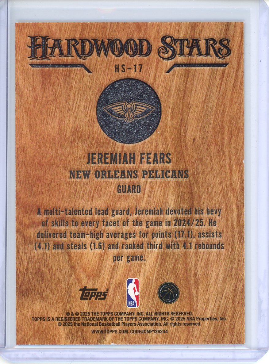 2025/26 Topps Basketball Jeremiah Fears Hardwood Stars Rookie HS-17 SSP
