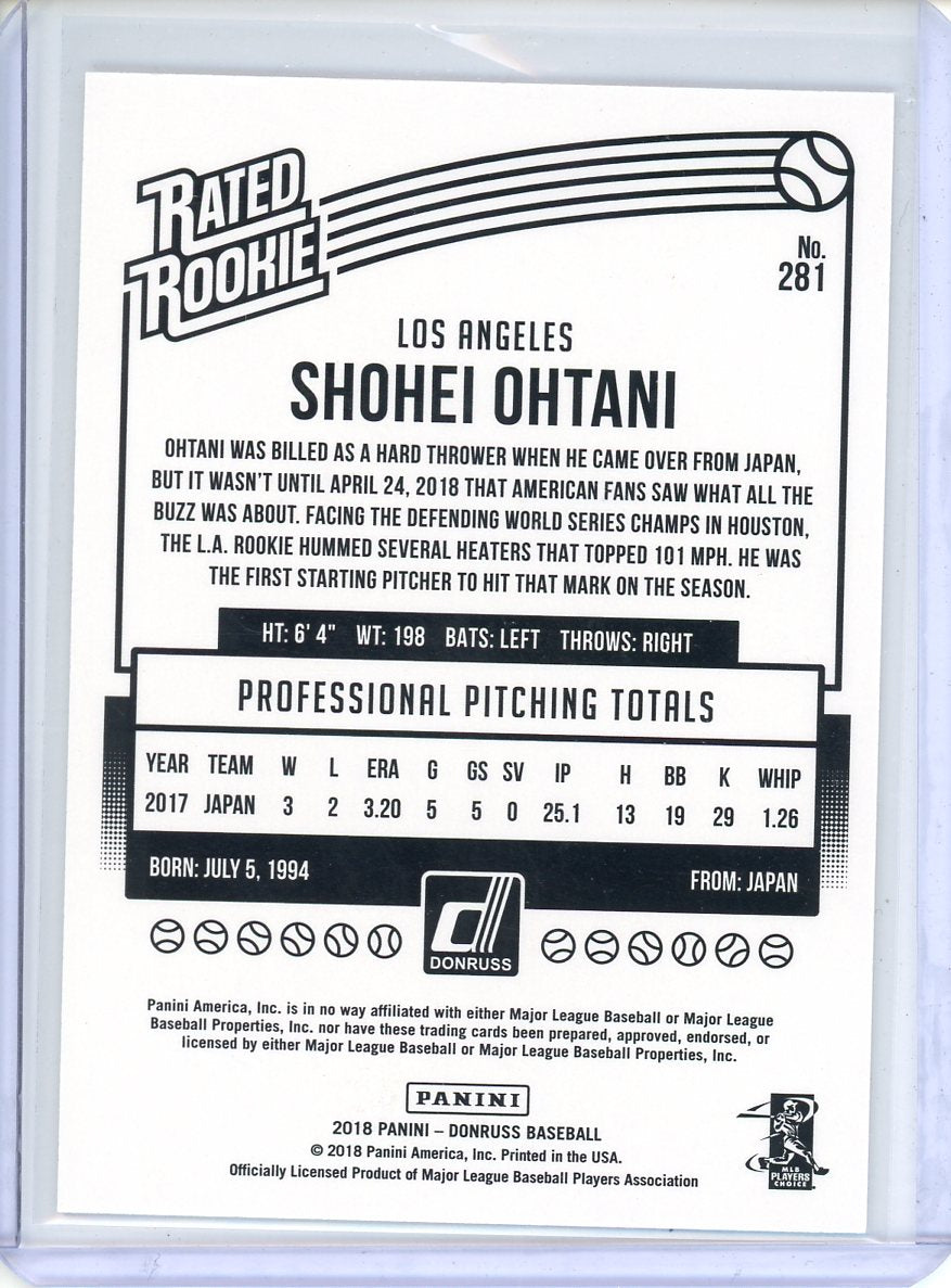 2018 Donruss Shohei Ohtani Rated Rookie No. 281