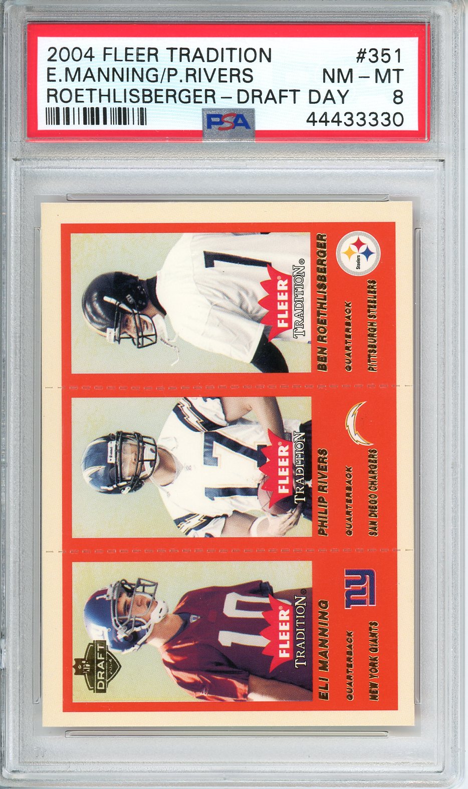 2004 Fleer Tradition Eli Manning/Philip Rivers/Ben Roethlisberger Draft Day Gold /375 PSA 8