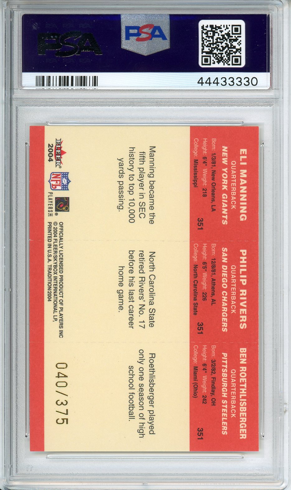 2004 Fleer Tradition Eli Manning/Philip Rivers/Ben Roethlisberger Draft Day Gold /375 PSA 8