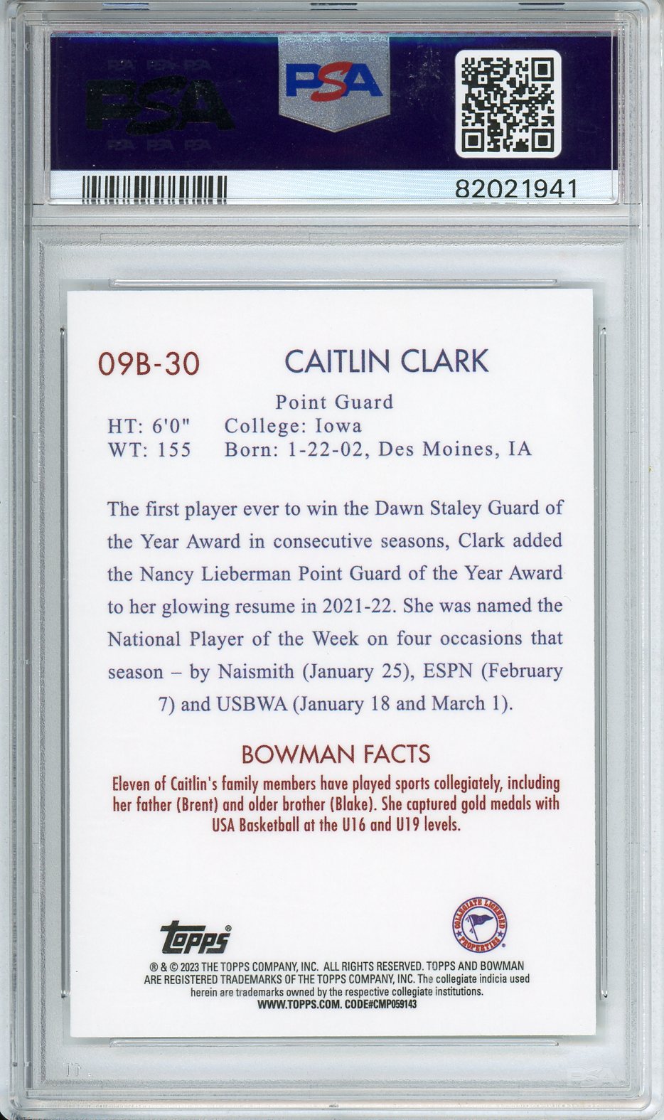 2022 Bowman University Caitlin Clark 2009 Bowman #09B30 PSA 10