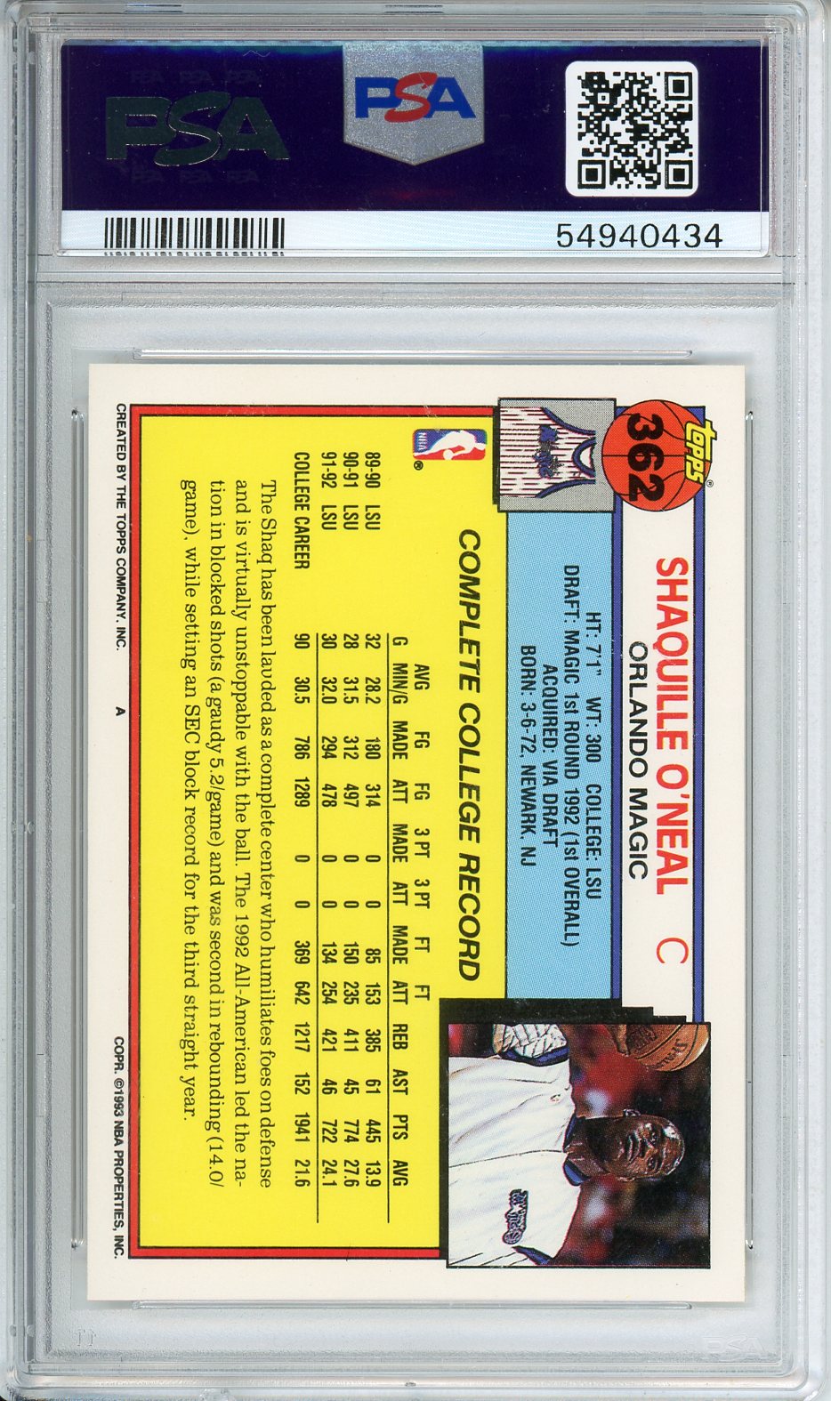 1992 Topps Shaquille O'Neal #362 PSA 10