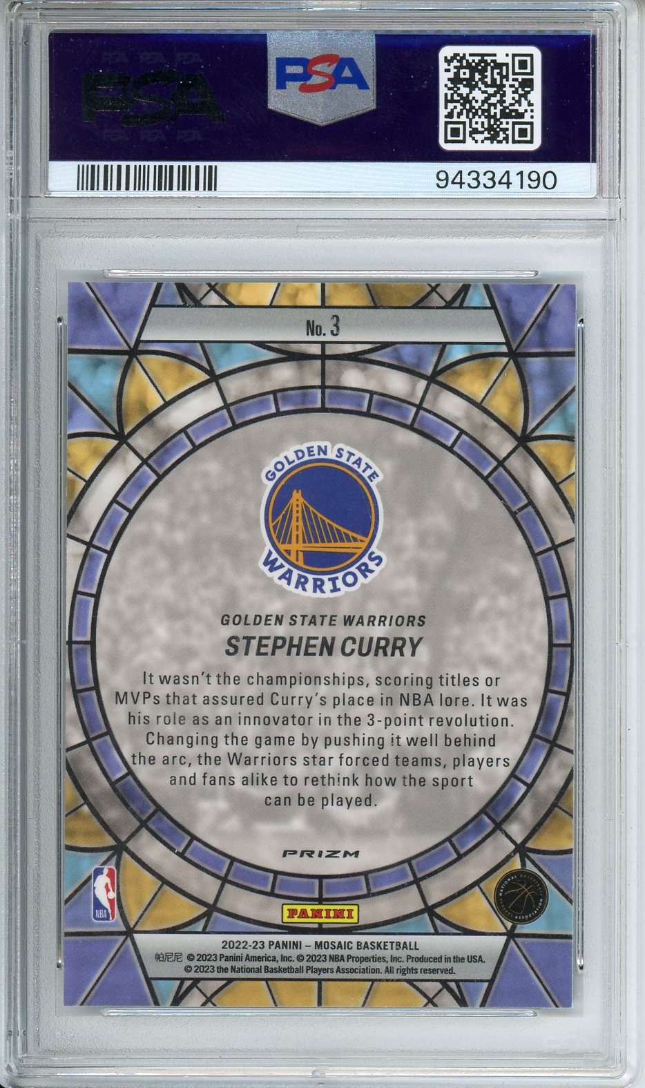 2022 Mosaic Stephen Curry Stained Glass #3 PSA 9