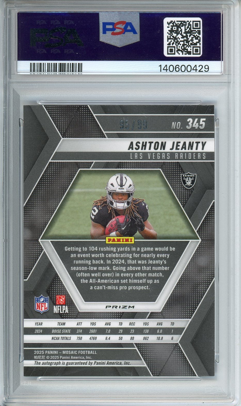 2025 Mosaic Ashton Jeanty Autograph - Blue #345 PSA 10