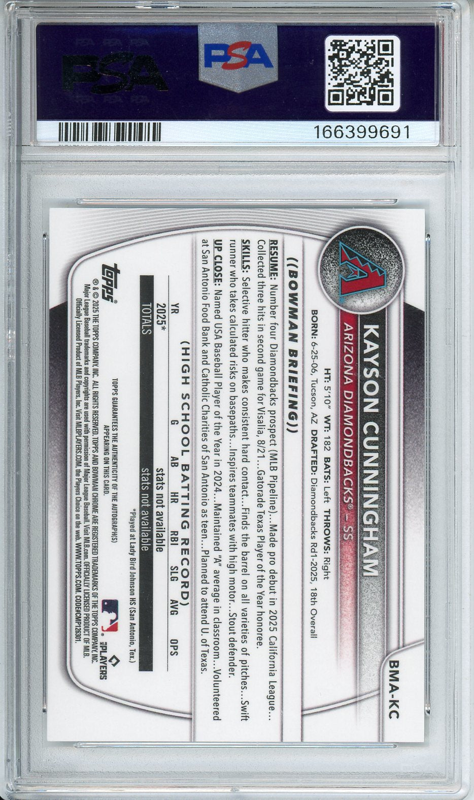 2025 Bowman Draft M/B Kayson Cunningham Bowman Prospect Mega AU #KC PSA 9