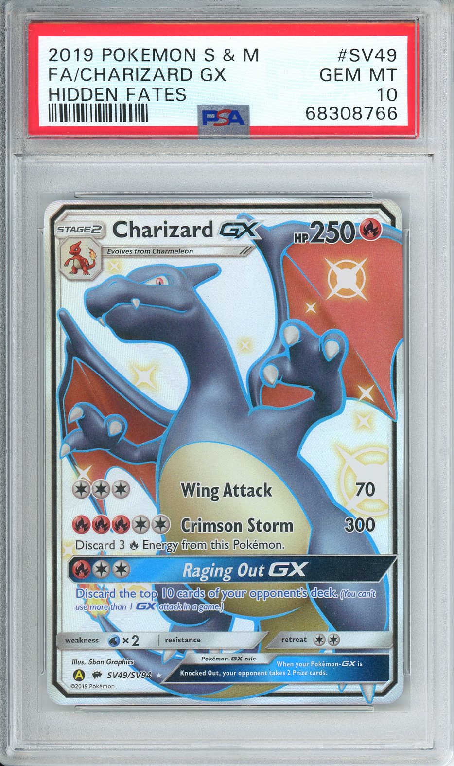 2019 Pokemon S & M FA / Charizard GX Hidden Fates #SV49 PSA 10