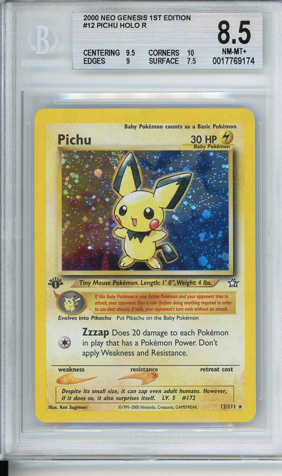2000 Neo Genesis 1st Edition #12 Pichu Holo R Beckett 8.5
