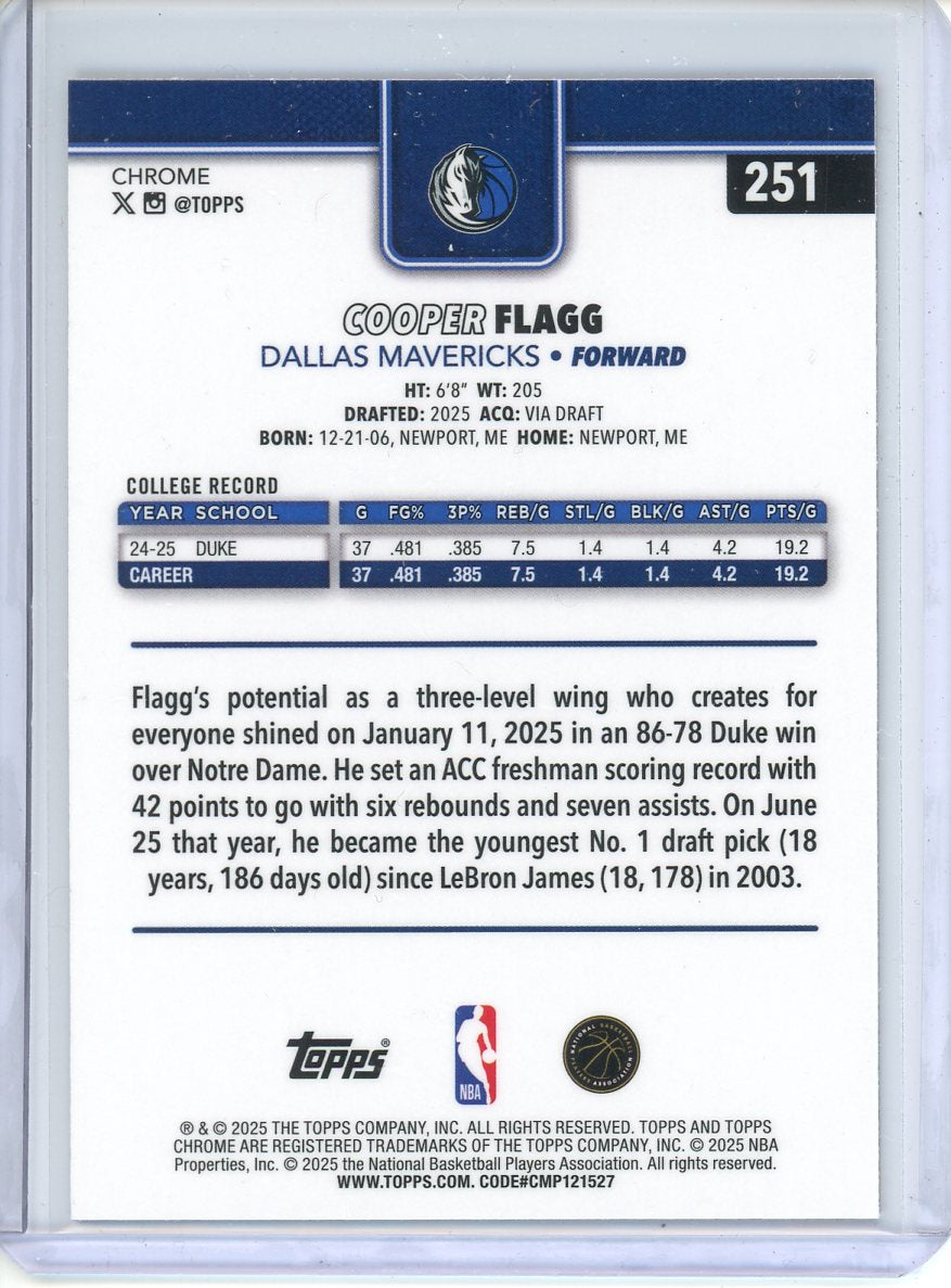 2025-26 Topps Chrome Cooper Flagg RC #251 Basketball Refractor