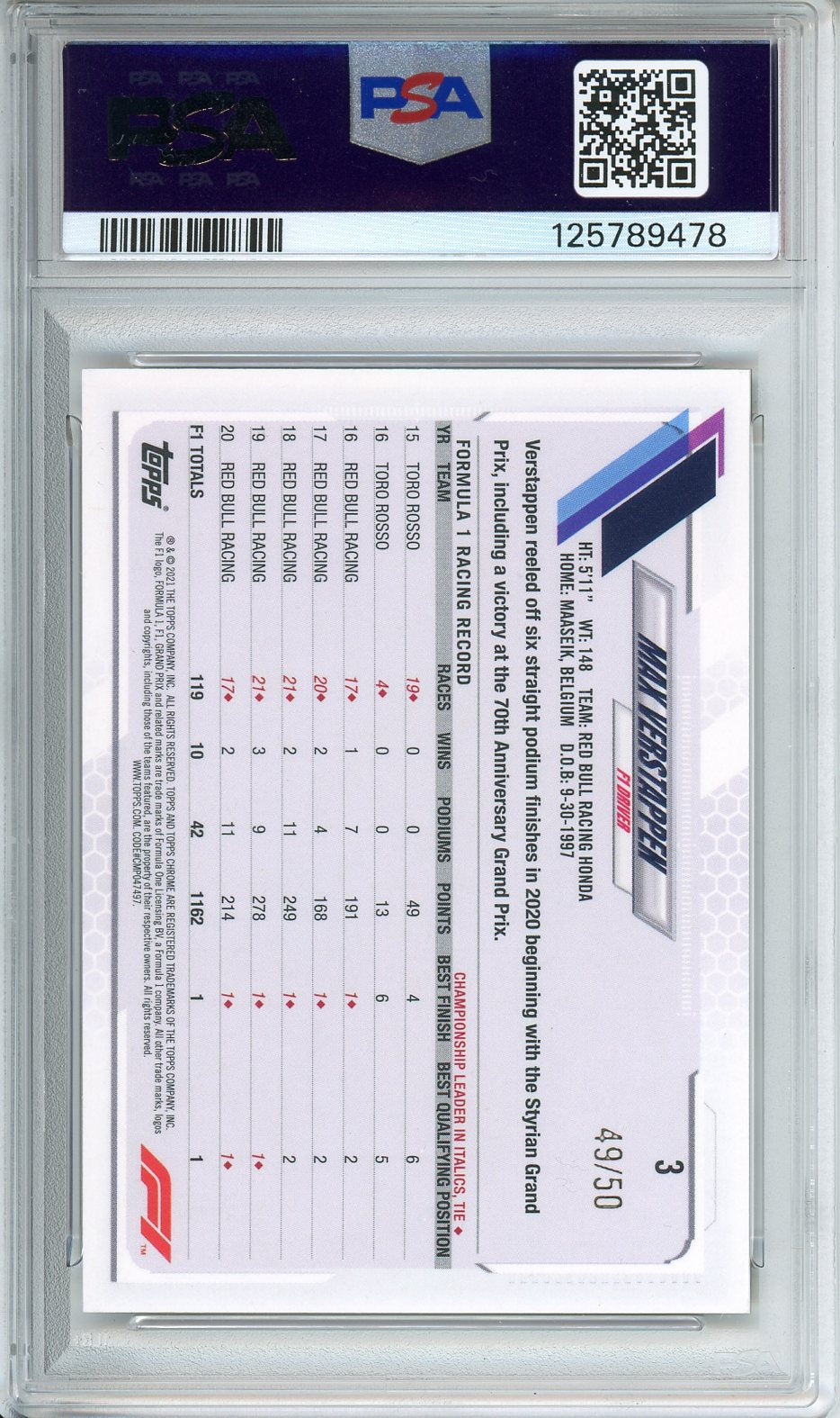 2021 Topps Chrome F1 Max Verstappen Gold Refractor /50 #3 PSA 10