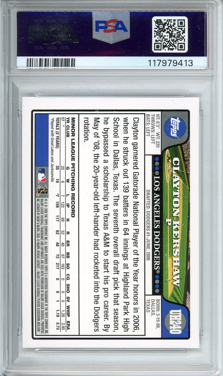 2008 Topps Clayton Kershaw Update & Highlights Rookie PSA 10 #UH240