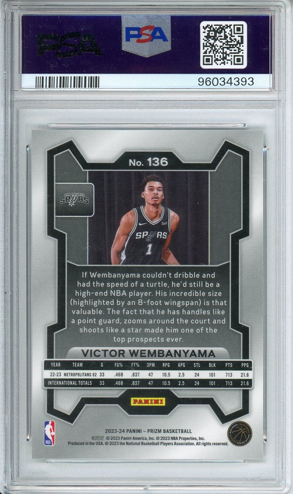 2023-24' Victor Wembanyama Prizm Basketball Rookie PSA 10