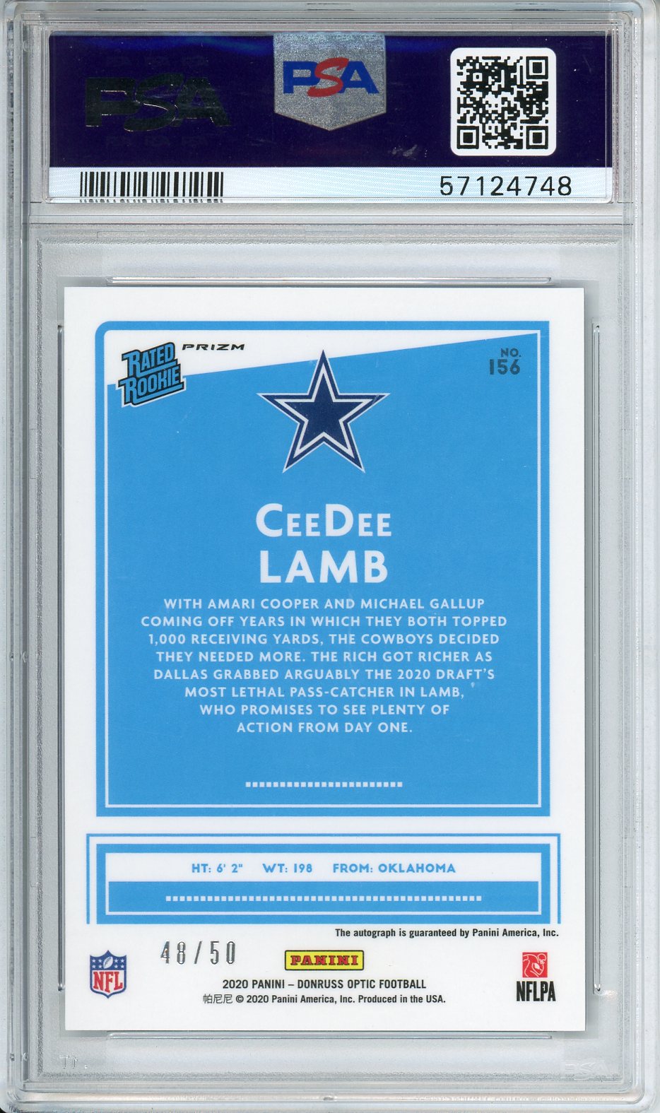 2020 Donruss Optic CeeDee Lamb Rookie Auto Purple Stars /50 #156 PSA 10