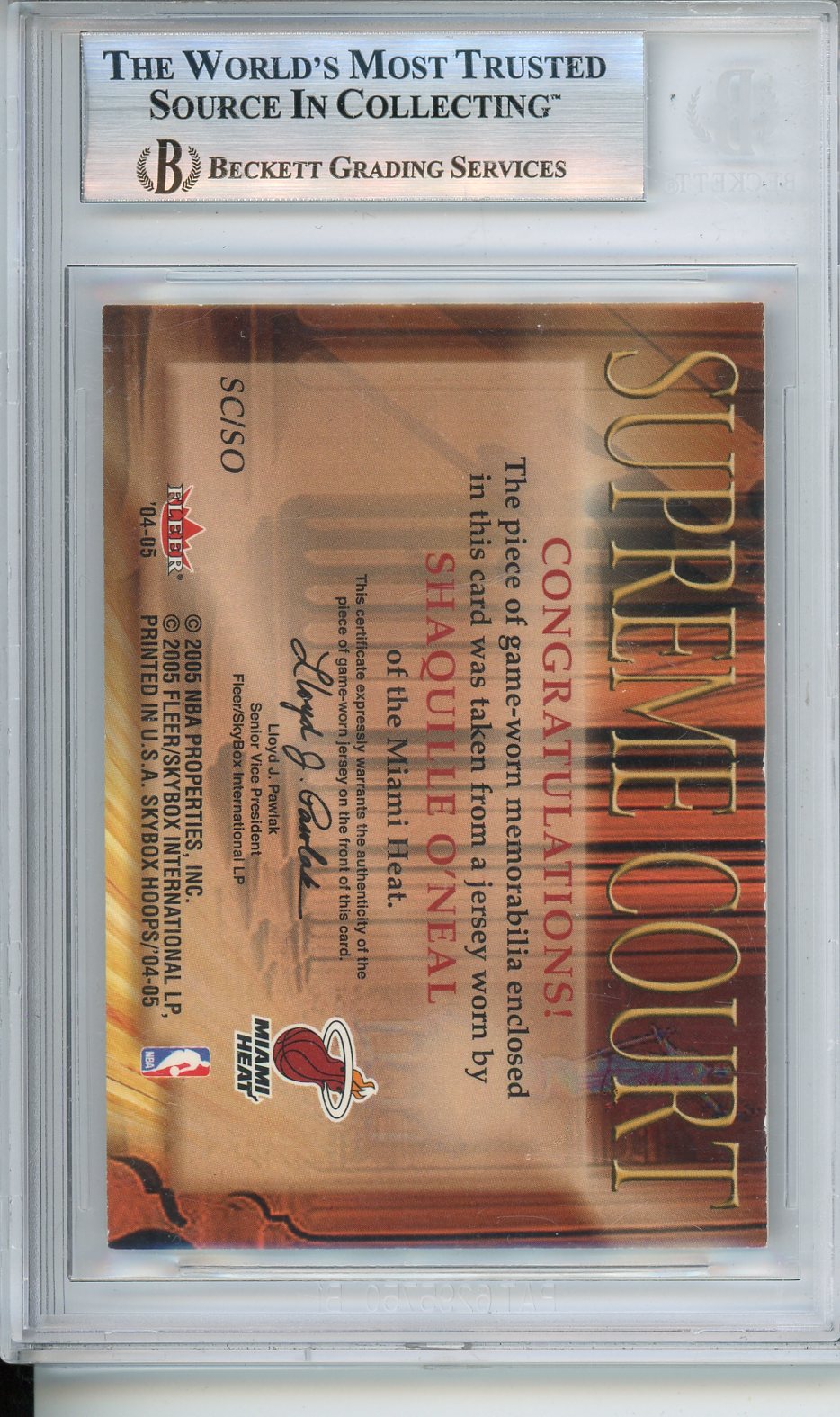2004 - 05 Hoops Supreme Court Jerseys #SO SHaquille O'Neal Beckett Witnessed Authentic Autograph