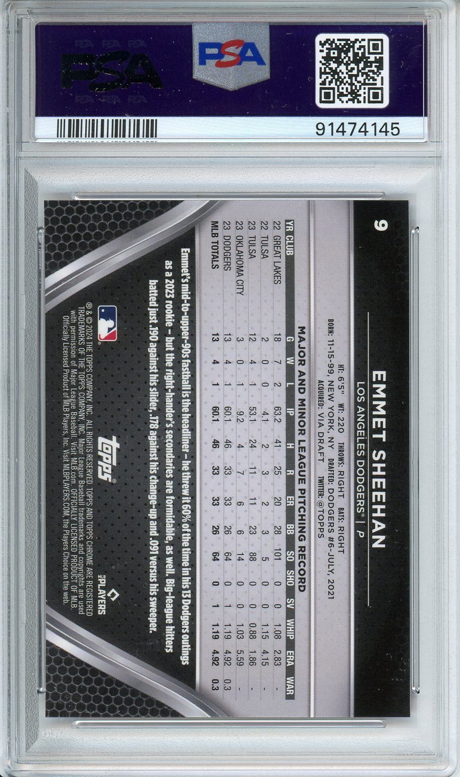 2024 Topps Chrome Black Emmet Sheehan Magenta /10 #9 PSA 10