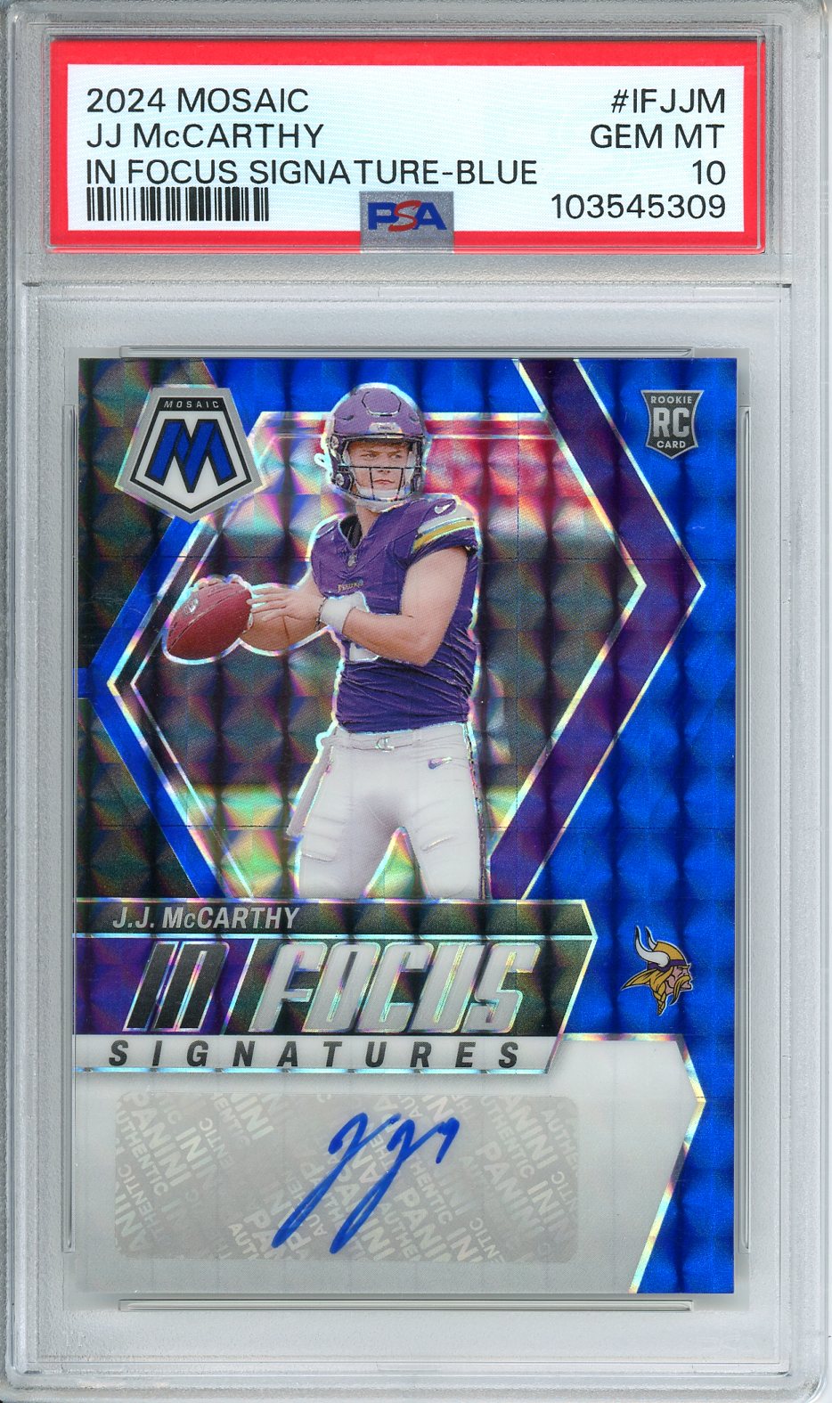 2024 Panini Mosaic JJ McCarthy RC #IF-JJM In Focus Signatures Blue /99 GEM MINT PSA 10