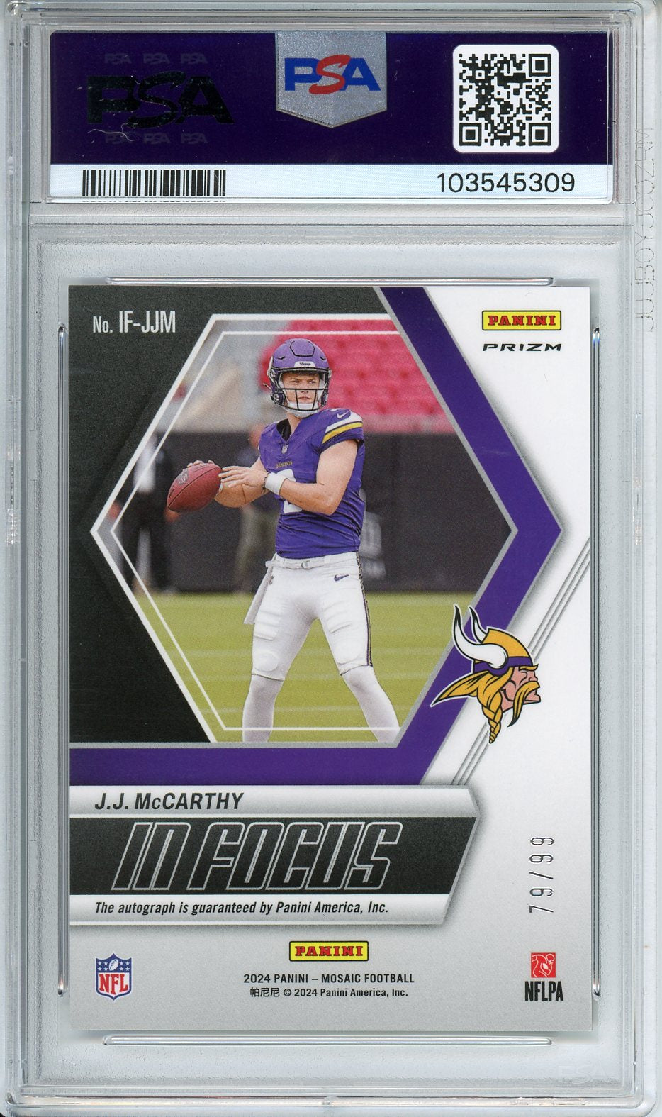 2024 Panini Mosaic JJ McCarthy RC #IF-JJM In Focus Signatures Blue /99 GEM MINT PSA 10