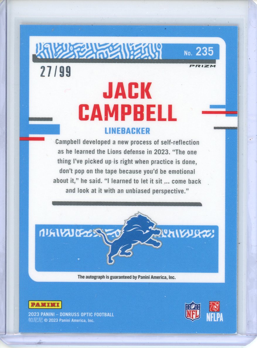 2023 Panini Donruss Optic Jack Campbell #235 Rated Rookie Blue Auto /99