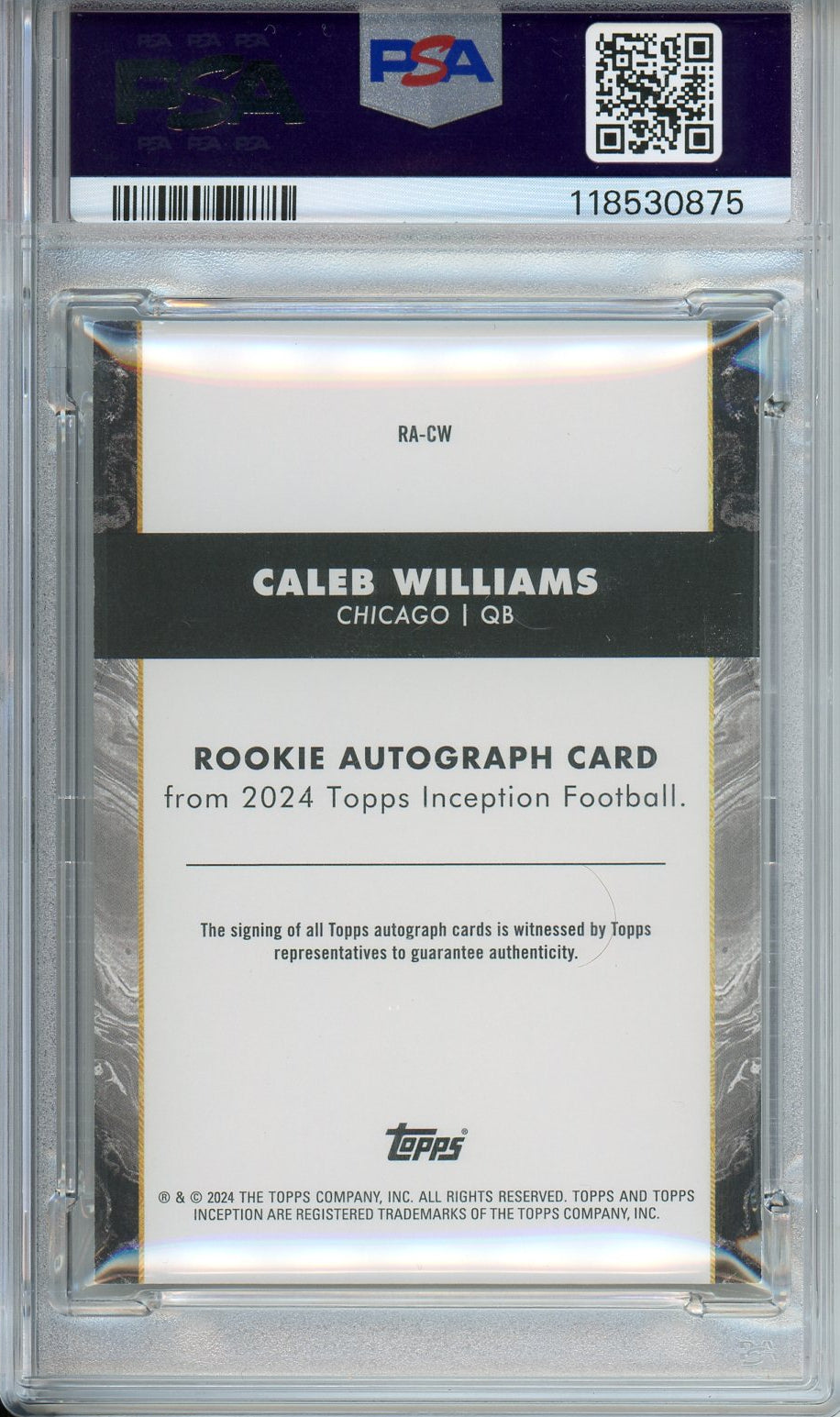 2024 Topps Inception Caleb Williams RC #RA-CW Green Auto /150 PSA Authentic / Auto 10