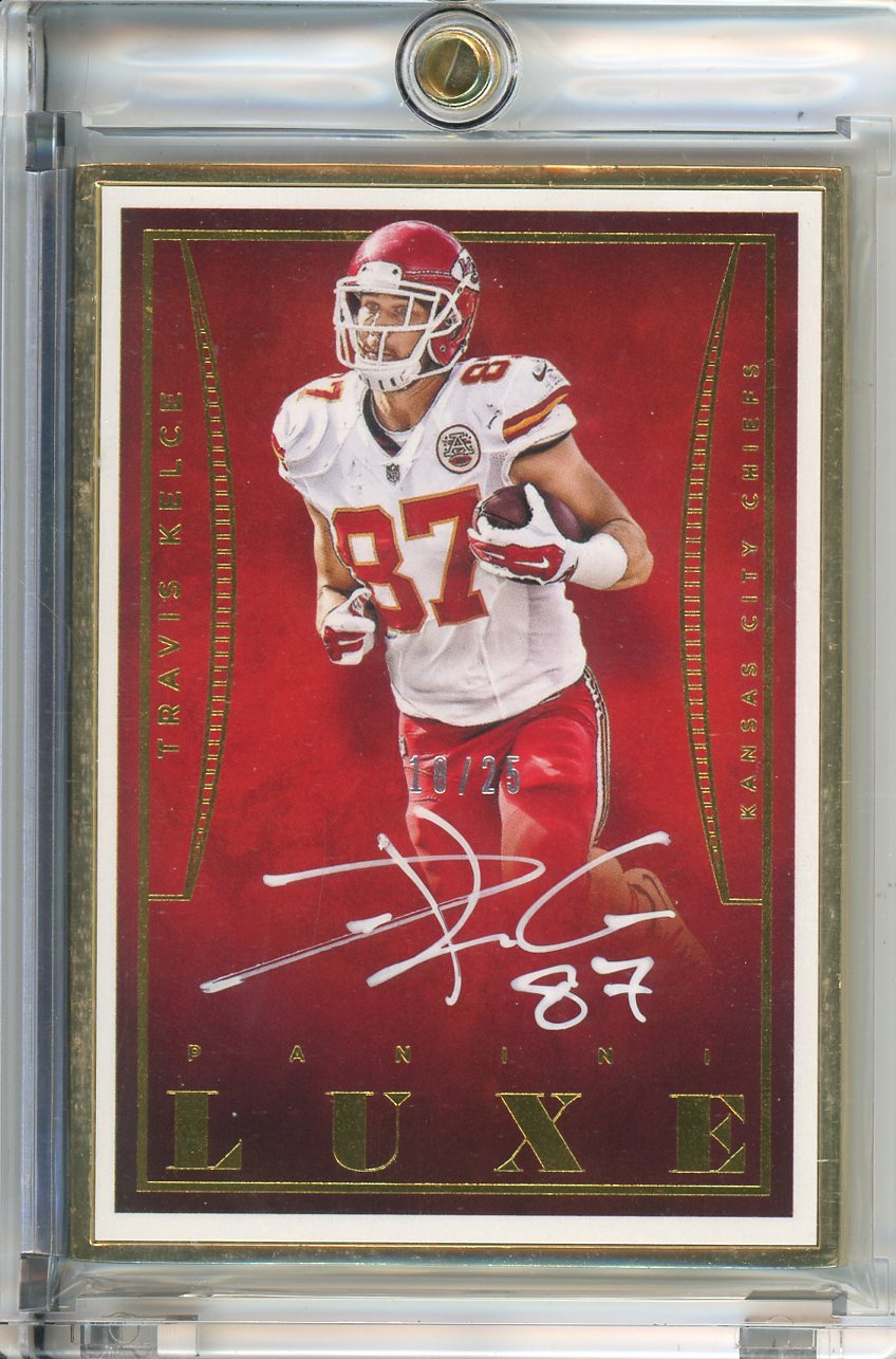 2015 Panini Luxe Travis Kelce White Autograph Gold Border 18/25 LA-TK