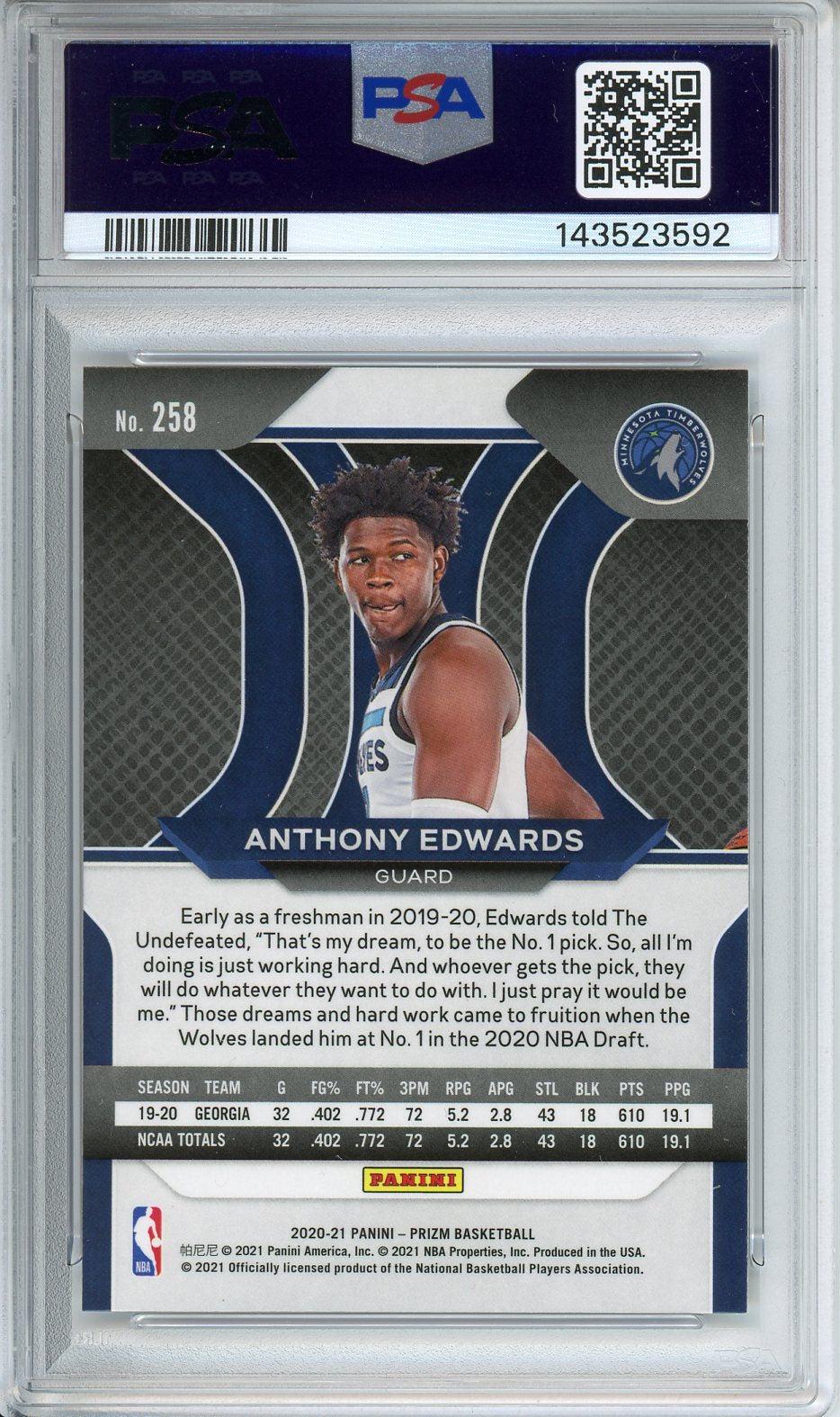 2020 Panini Prizm Anthony Edwards RC #258 PSA 10