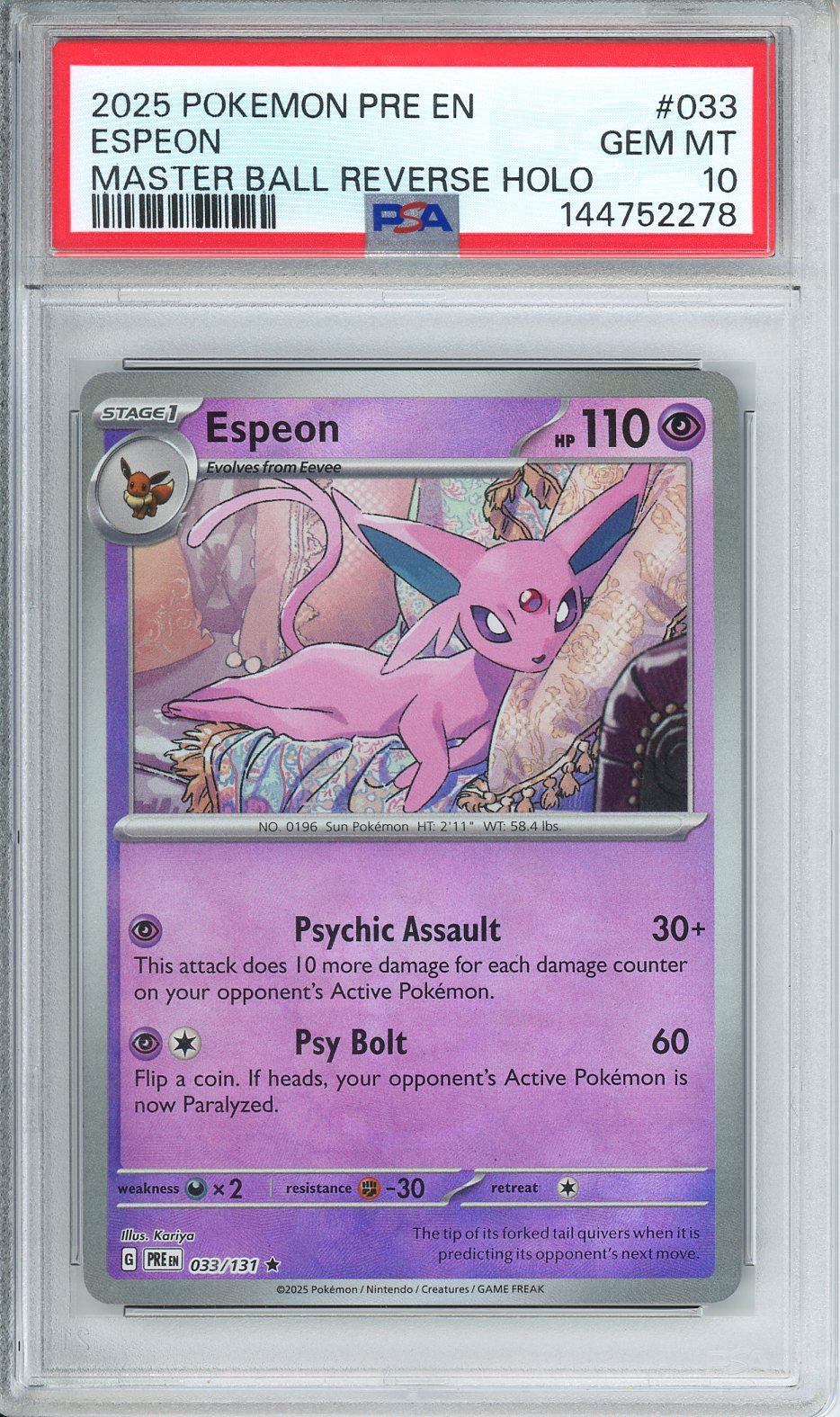 2025 Pokemon PRE EN Espeon Master Ball Reverse Holo #033 PSA 10