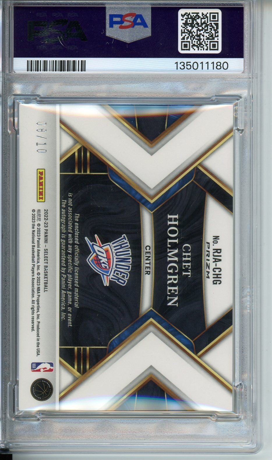 2022 Panini Select Chet Holmgren RC Rookie Jersey Auto Gold Disco #08/10 PSA 9