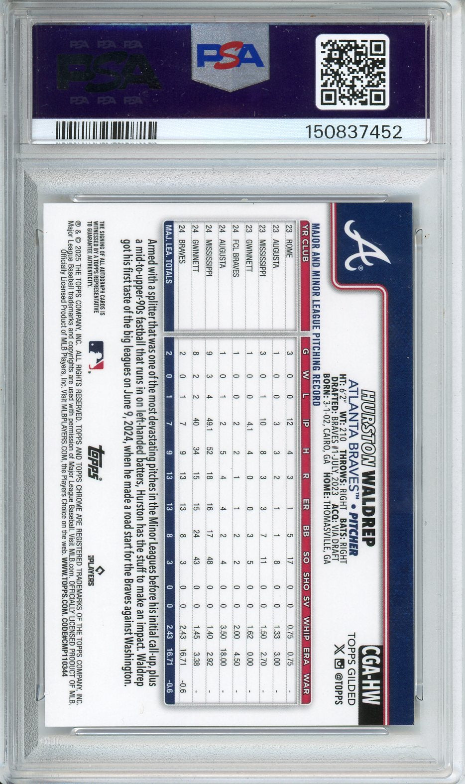 2025 Topps Gilded Hurston Waldrep Chrome Gold /99 Auto PSA 10 #CGA-HW GEM MT