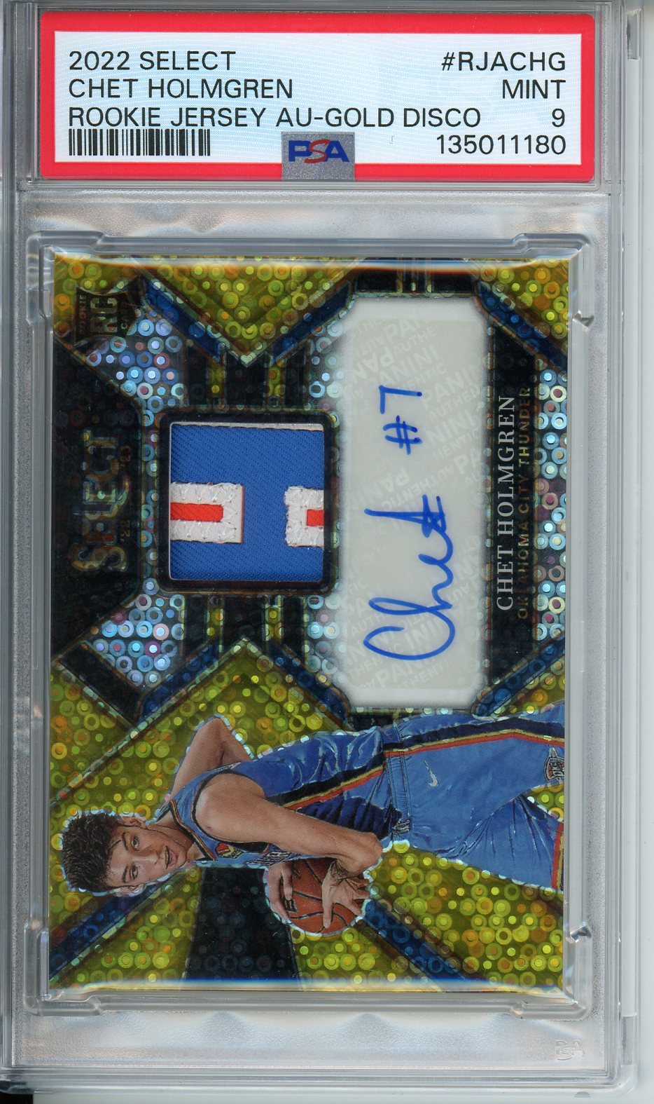 2022 Panini Select Chet Holmgren RC Rookie Jersey Auto Gold Disco #08/10 PSA 9