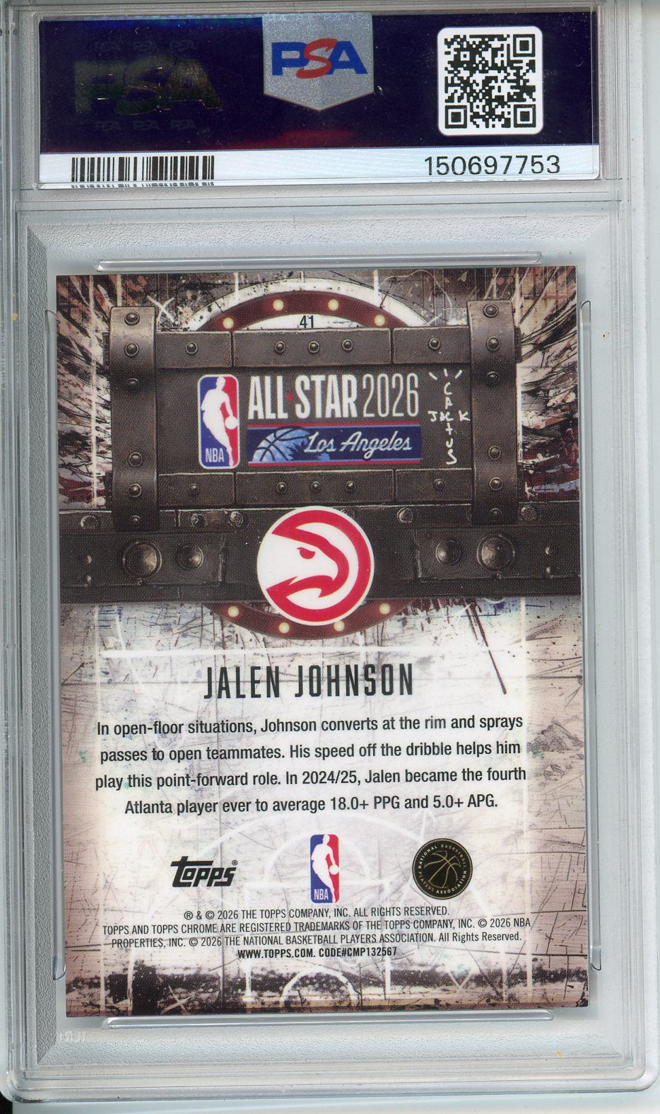 2025 Cactus Jack x ASG Jalen Johnson Orange Refractor #41 PSA 10 GEM MT