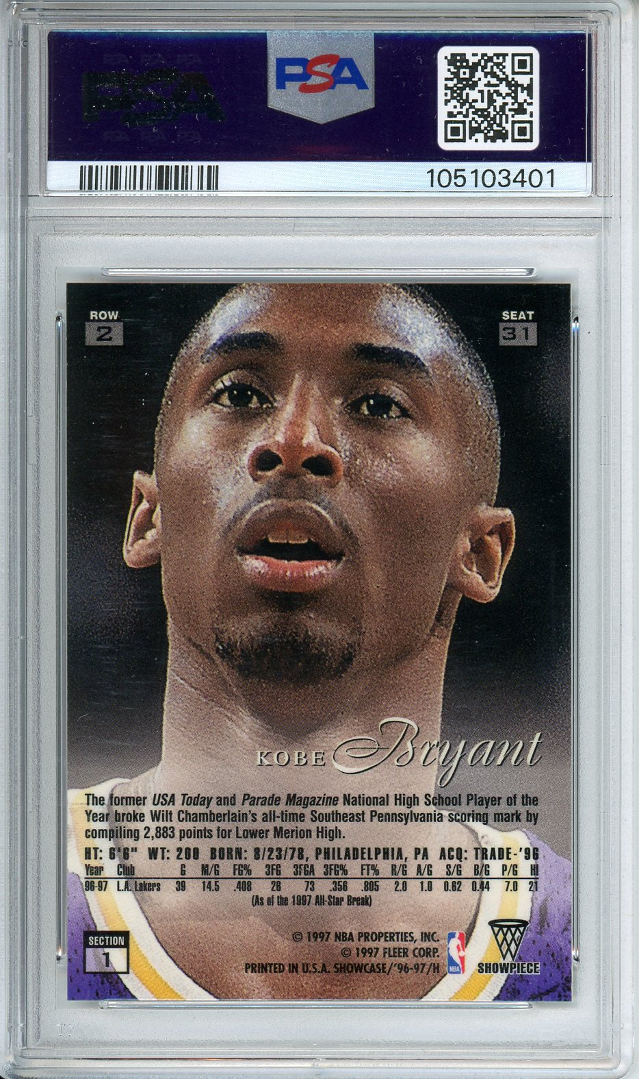 1996 Flair Showcase Kobe Bryant Row 2 #31 PSA 8