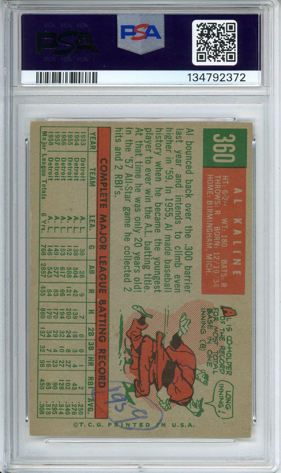 1959 Topps Al Kaline #360 PSA 6 (MK) EX-MT