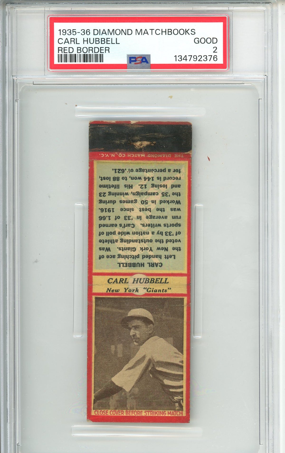 1935-36 Diamond Matchbooks Carl Hubbell Red Border PSA 2 Good