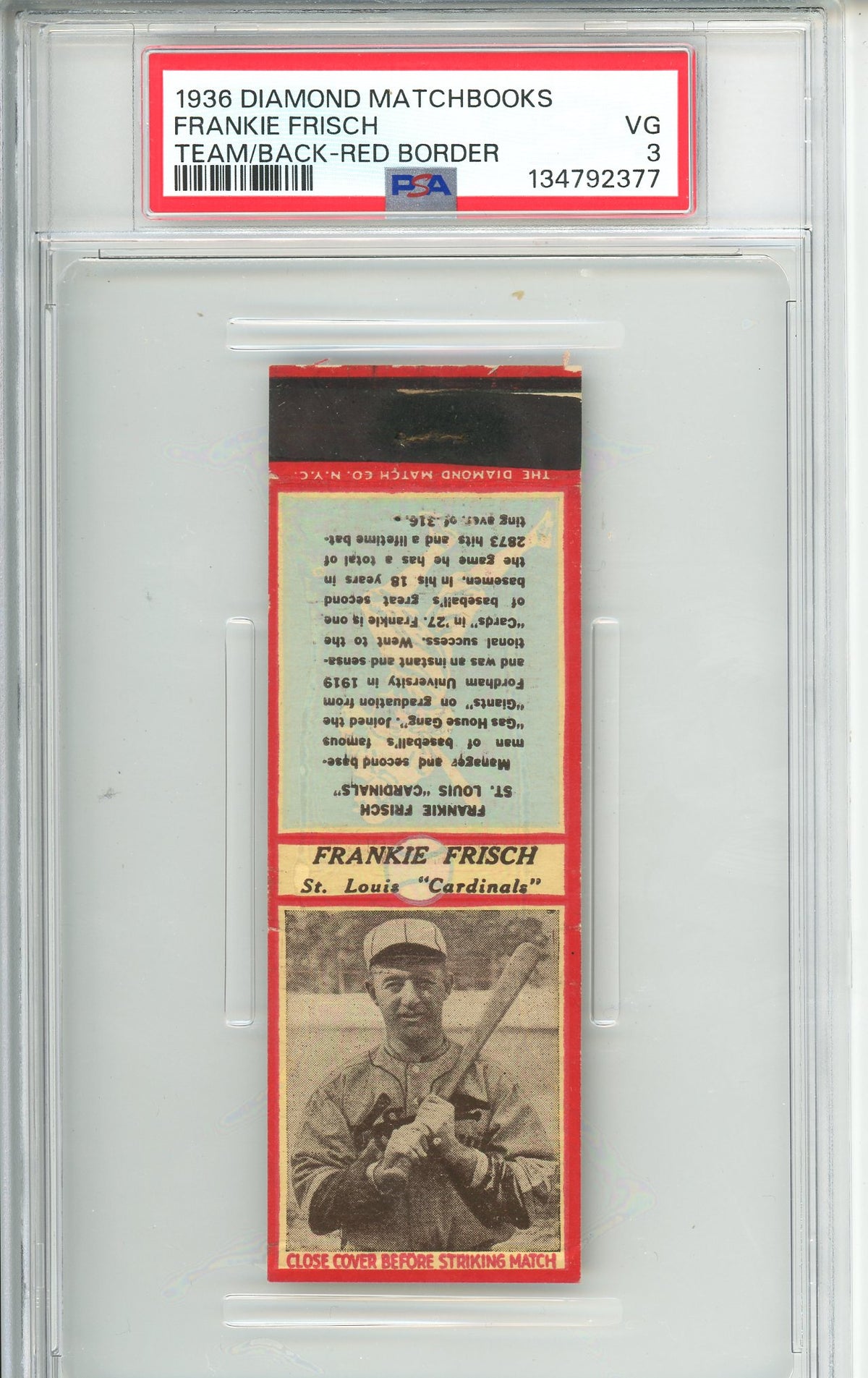 1936 Diamond Matchbooks Frankie Frisch Team Back/Red Border PSA 3 VG