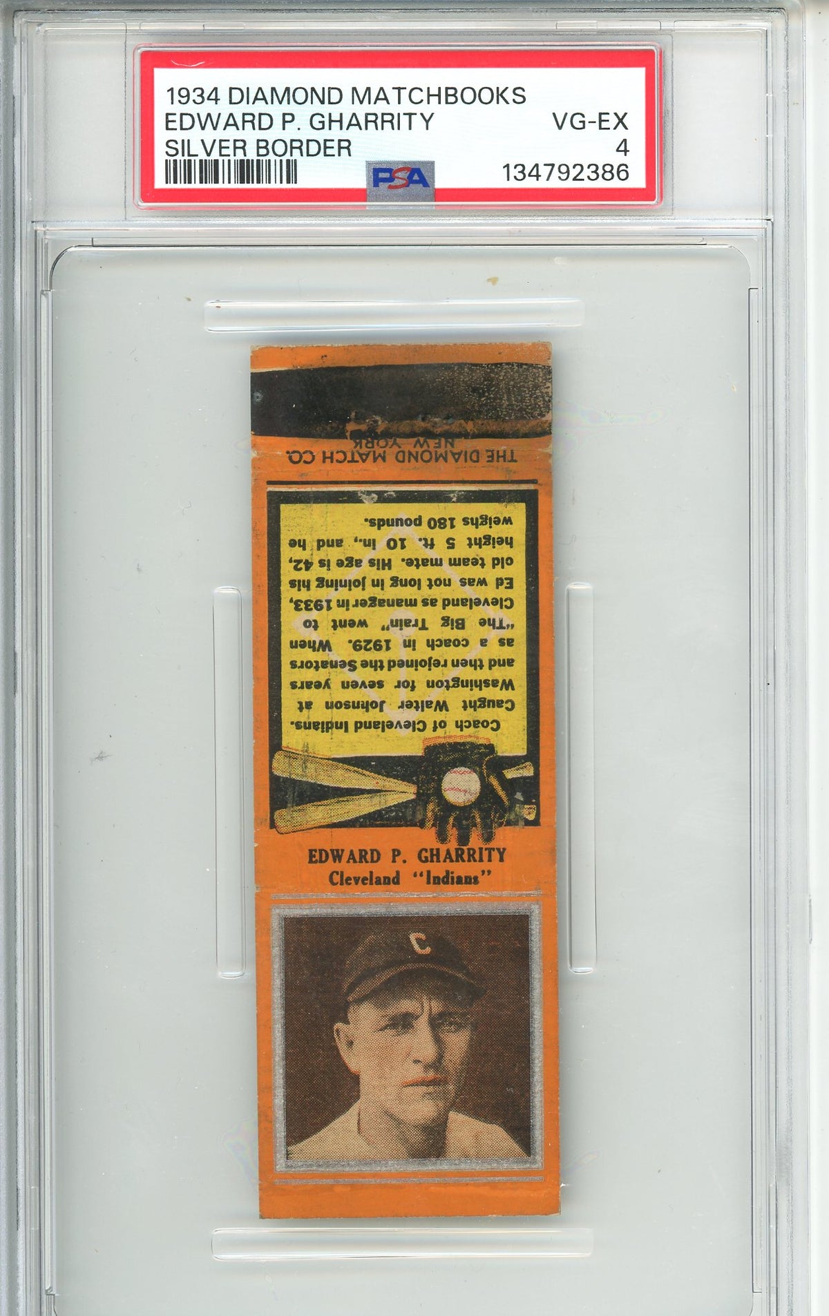 1934 Diamond Matchbooks Edward P. Gharrity Silver Border PSA 4 VG-EX