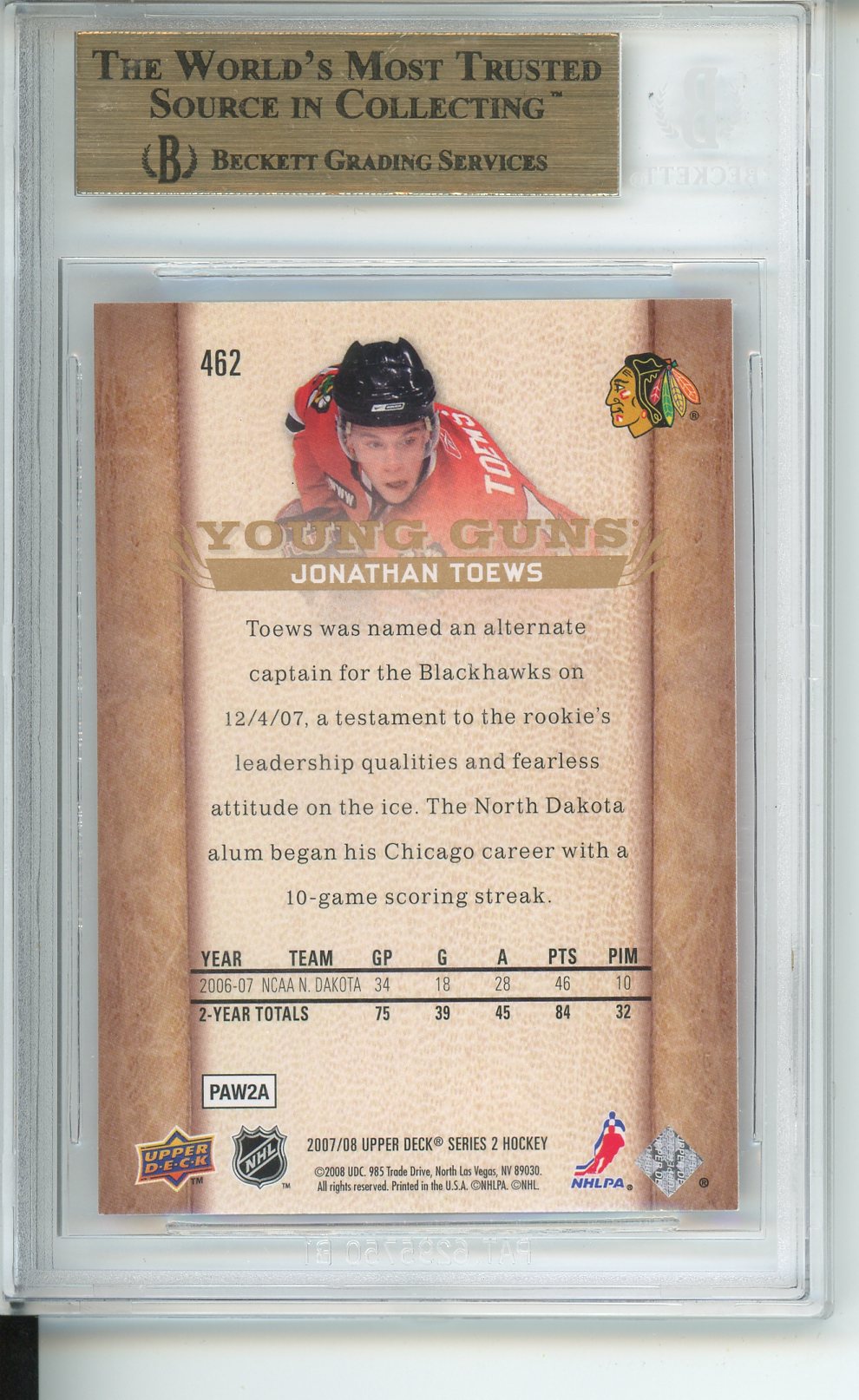 2007 - 08 Upper Deck Jonathan Toews #462 Beckett 9.5