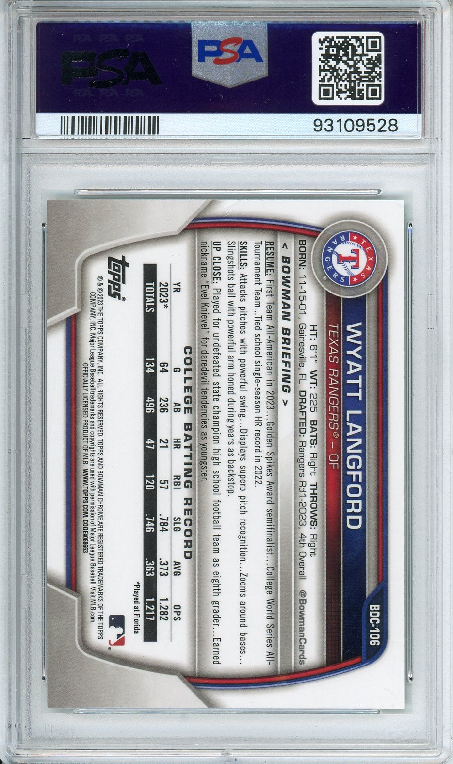 2023 Bowman Draft Wyatt Langford #BDC-106 Chrome Green GEM MINT PSA 10