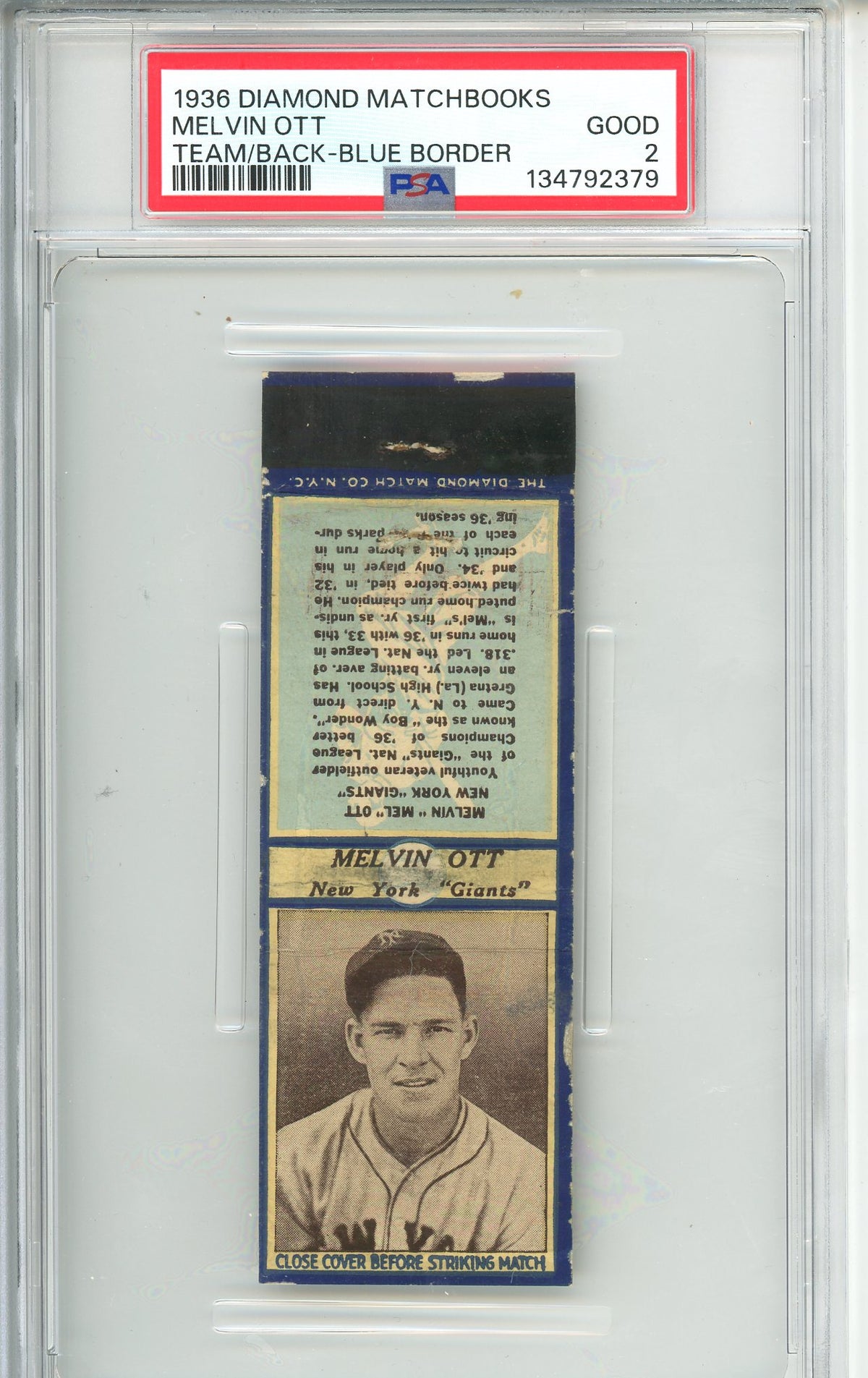 1936 Diamond Matchbooks Melvin Ott Team Back Blue Border PSA 2 Good