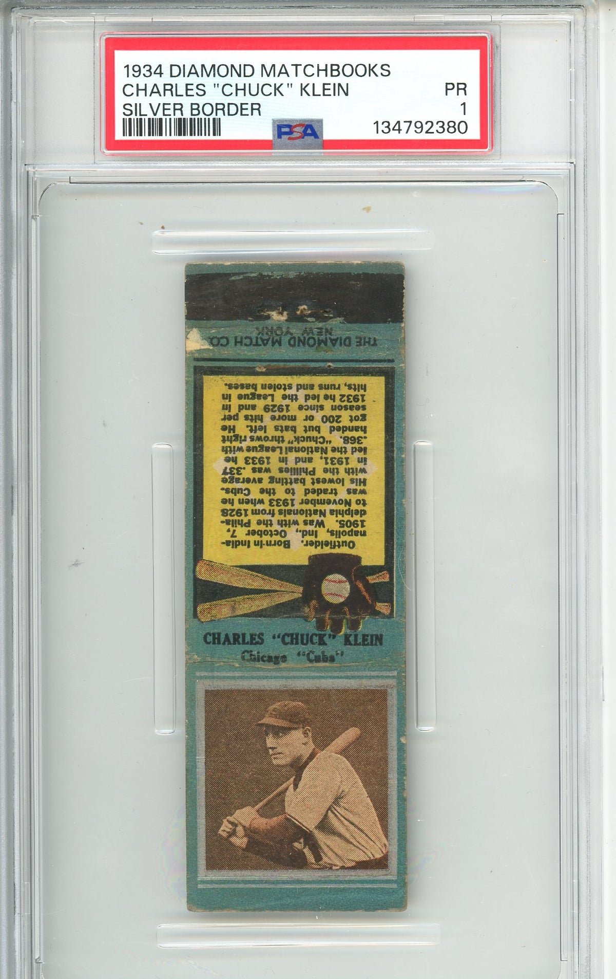 1934 Diamond Matchbooks Charles "Chuck" Klein Silver Border PSA 1 PR