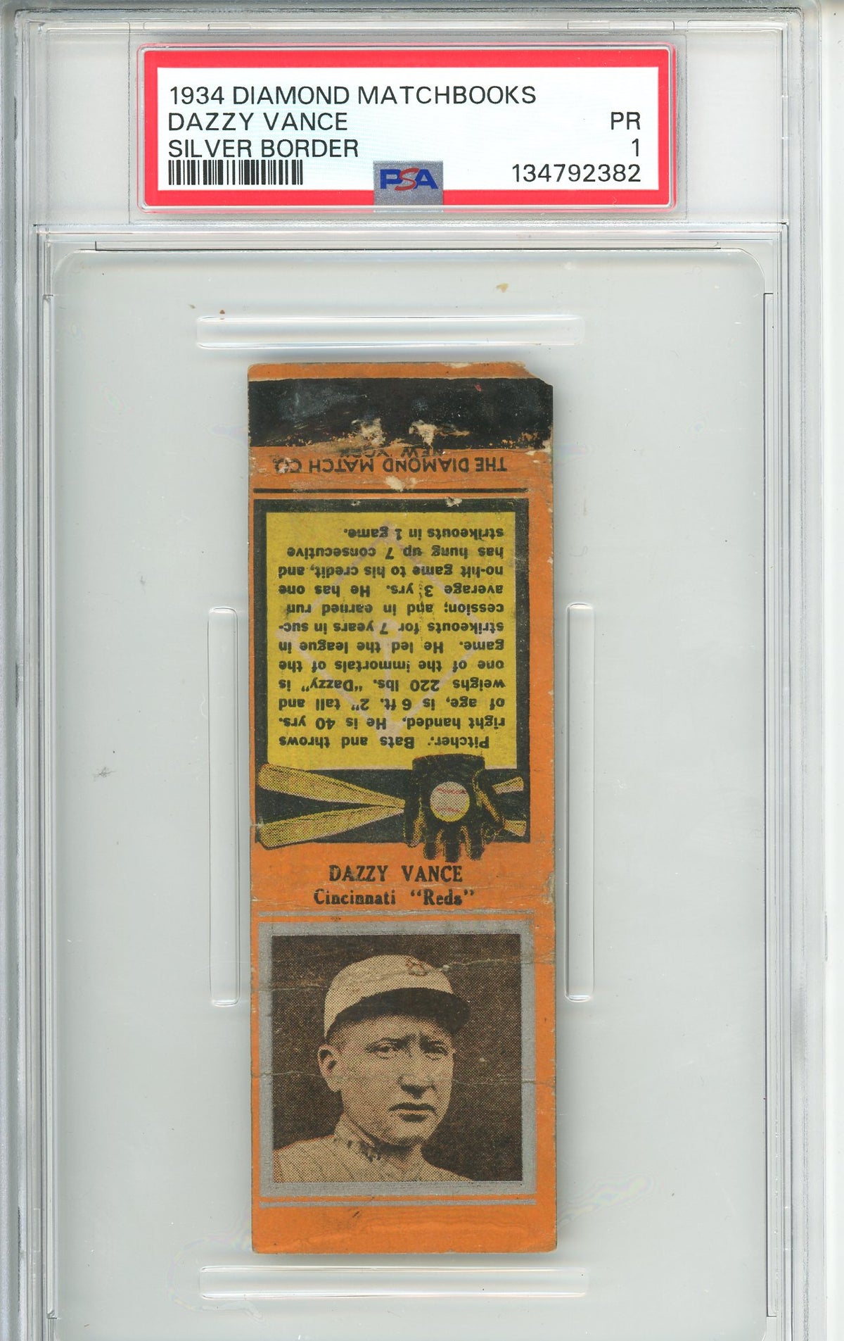 1934 Diamond Matchbooks Dazzy Vance Silver Border PSA 1 PR