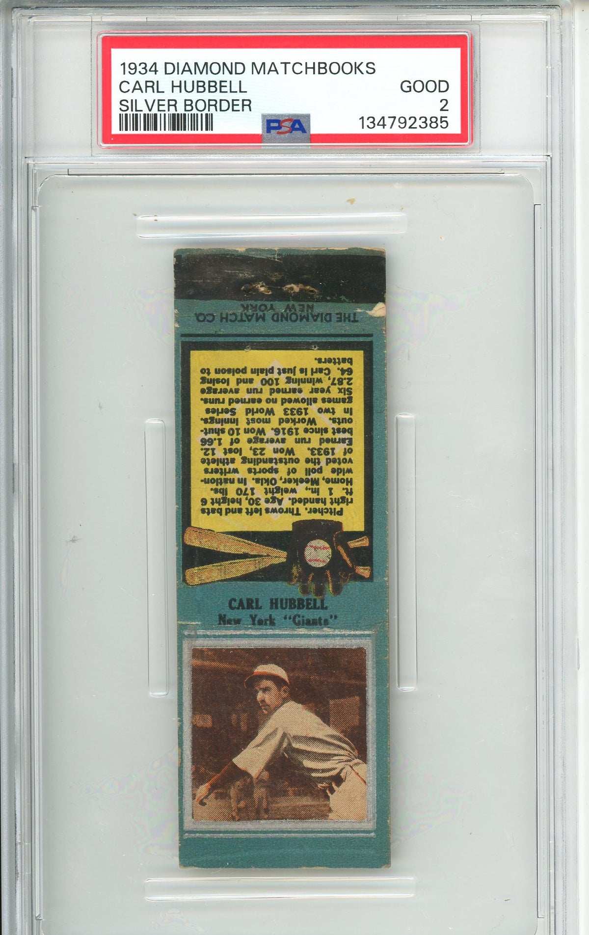 1934 Diamond Matchbooks Carl Hubbell Silver Border PSA 2 Good