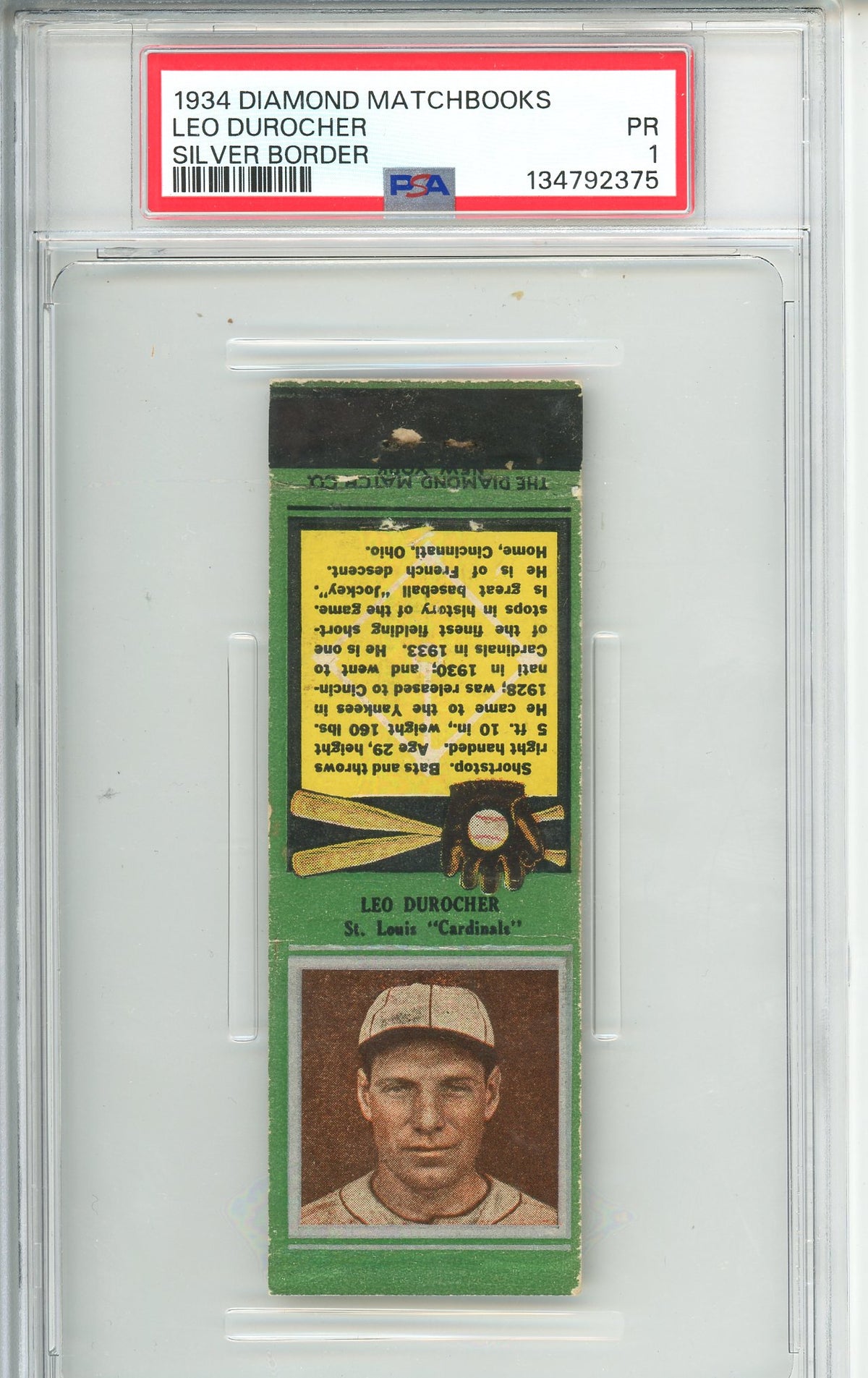 1934 Diamond Matchbooks Leo Durocher Silver Border PSA 1 PR
