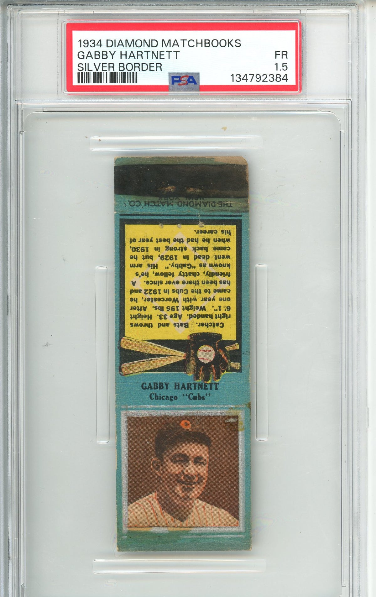 1934 Diamond Matchbooks Gabby Hartnett Silver Border PSA 1.5 FR