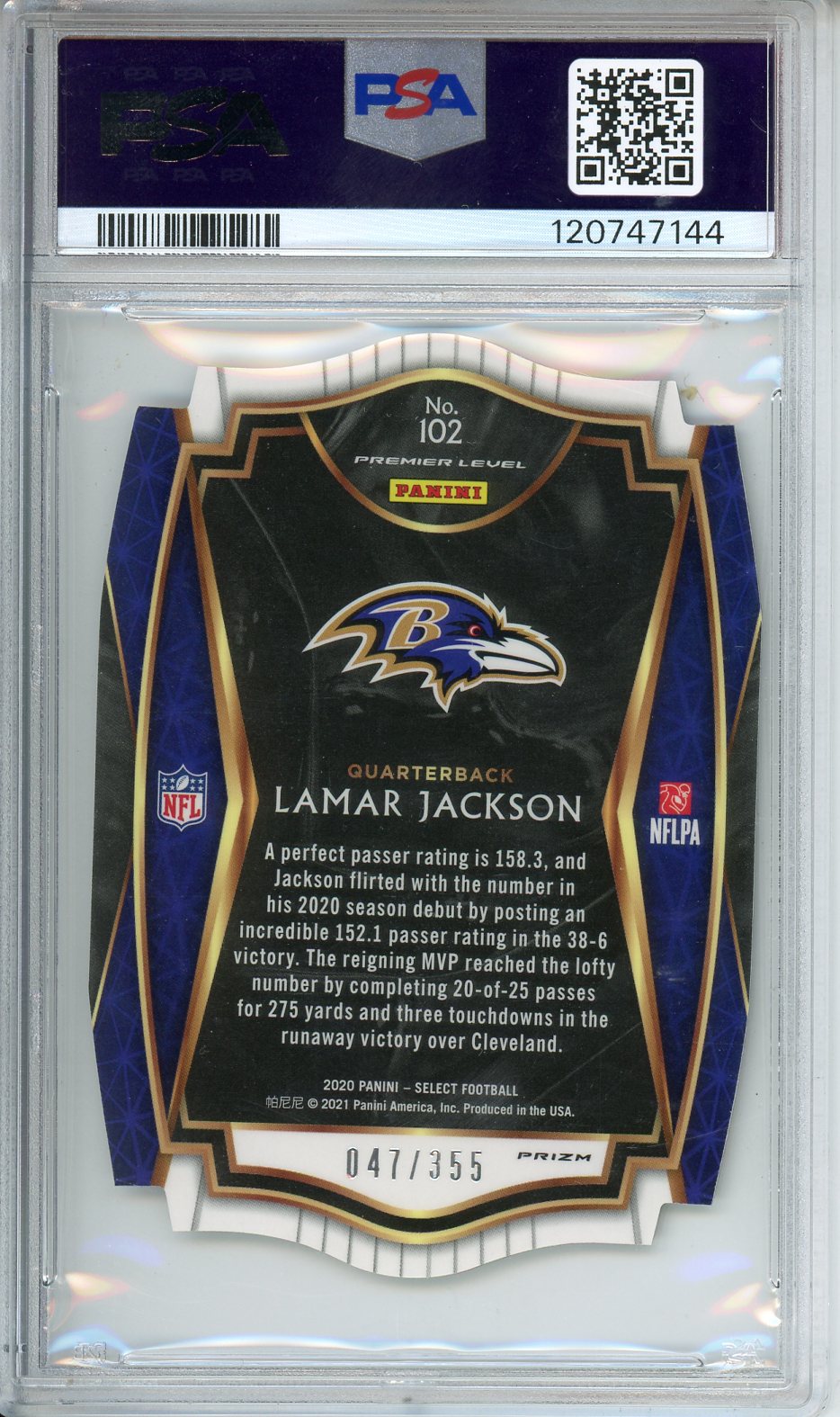 2020 Panini Select Lamar Jackson Die - Cut Copper Prizm #102 PSA 10