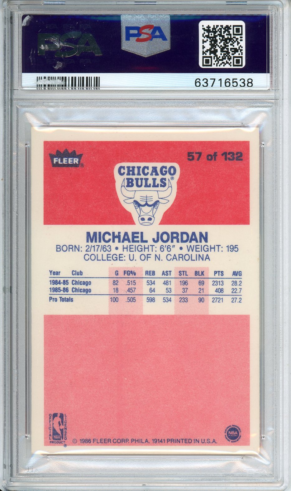 1986 Fleer Michael Jordan #57 PSA 7