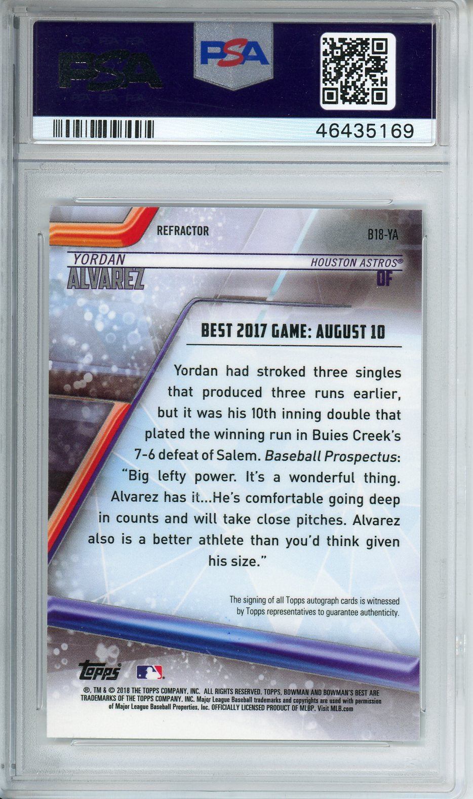 2018 Bowman's Best Yordan Alvarez Best Of 2018 Auto. - REF. #B18YA PSA 10